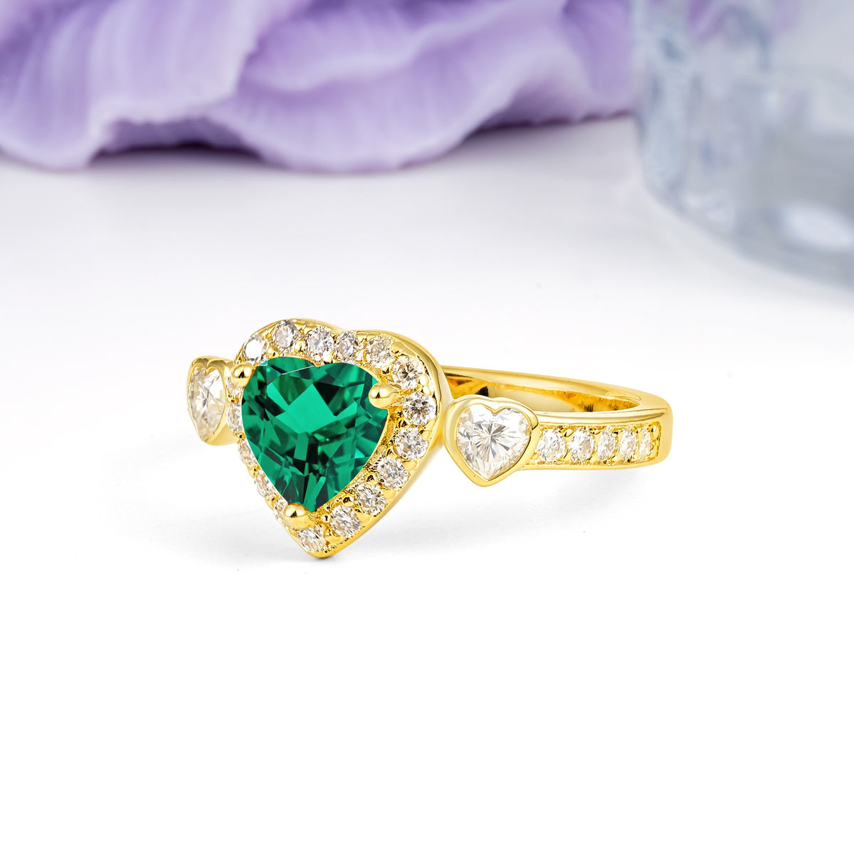 Luxurious 3 Prong Heart Cut Emerald Engagement Ring - Additional view