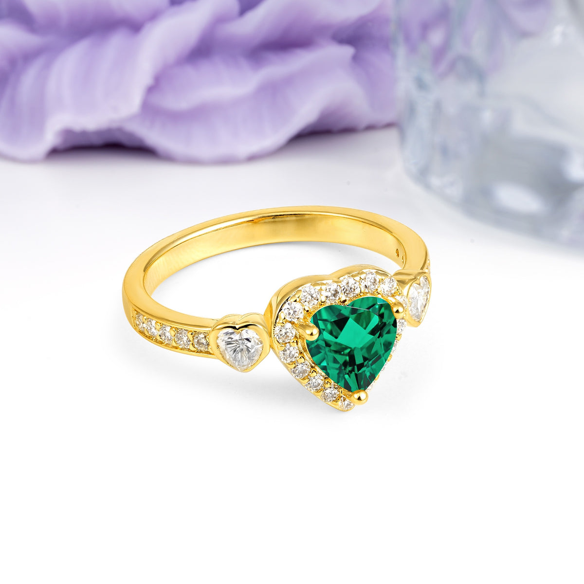 Luxurious 3 Prong Heart Cut Emerald Engagement Ring - Additional view