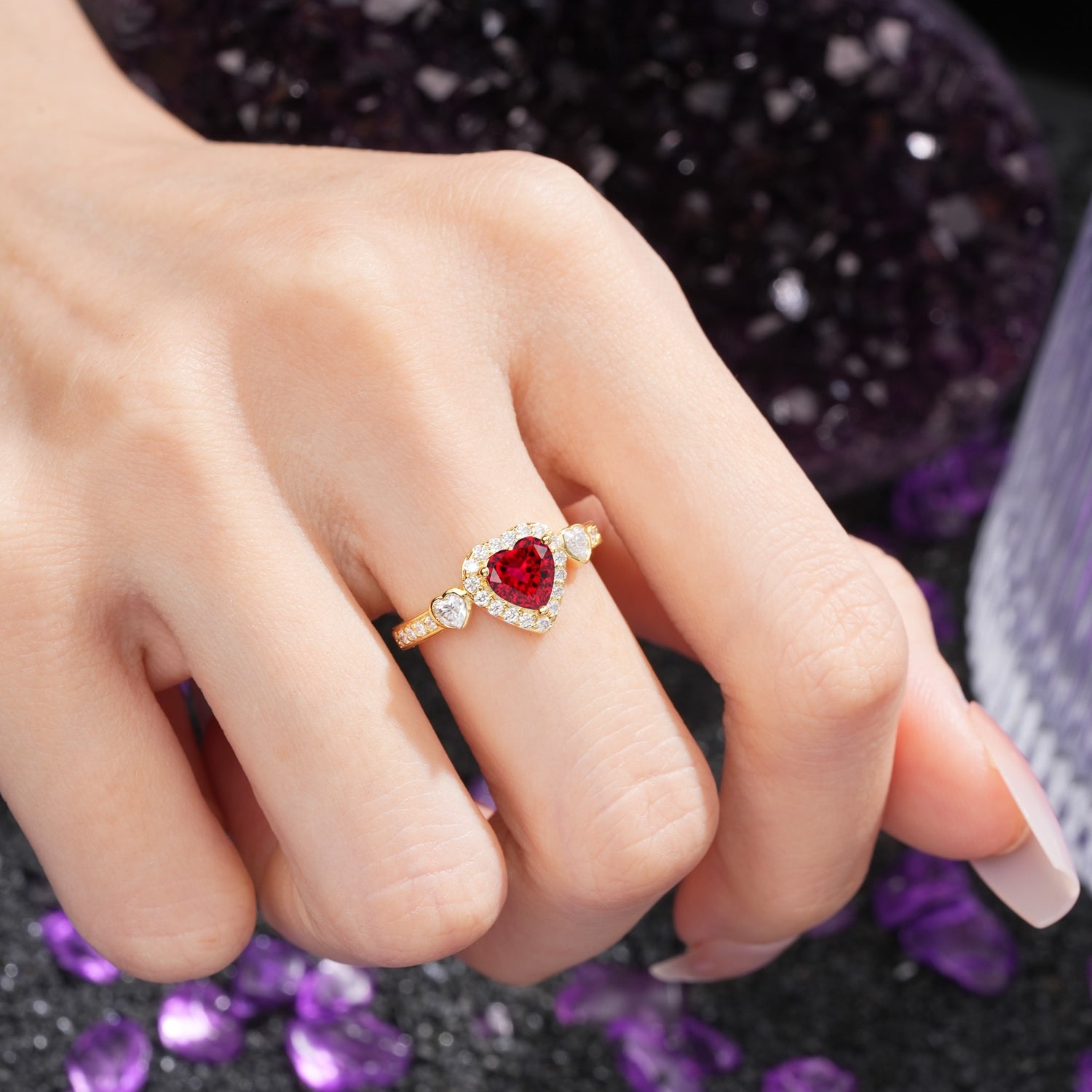 Luxurious 3 Prong Heart Cut Ruby Engagement Ring - Additional view