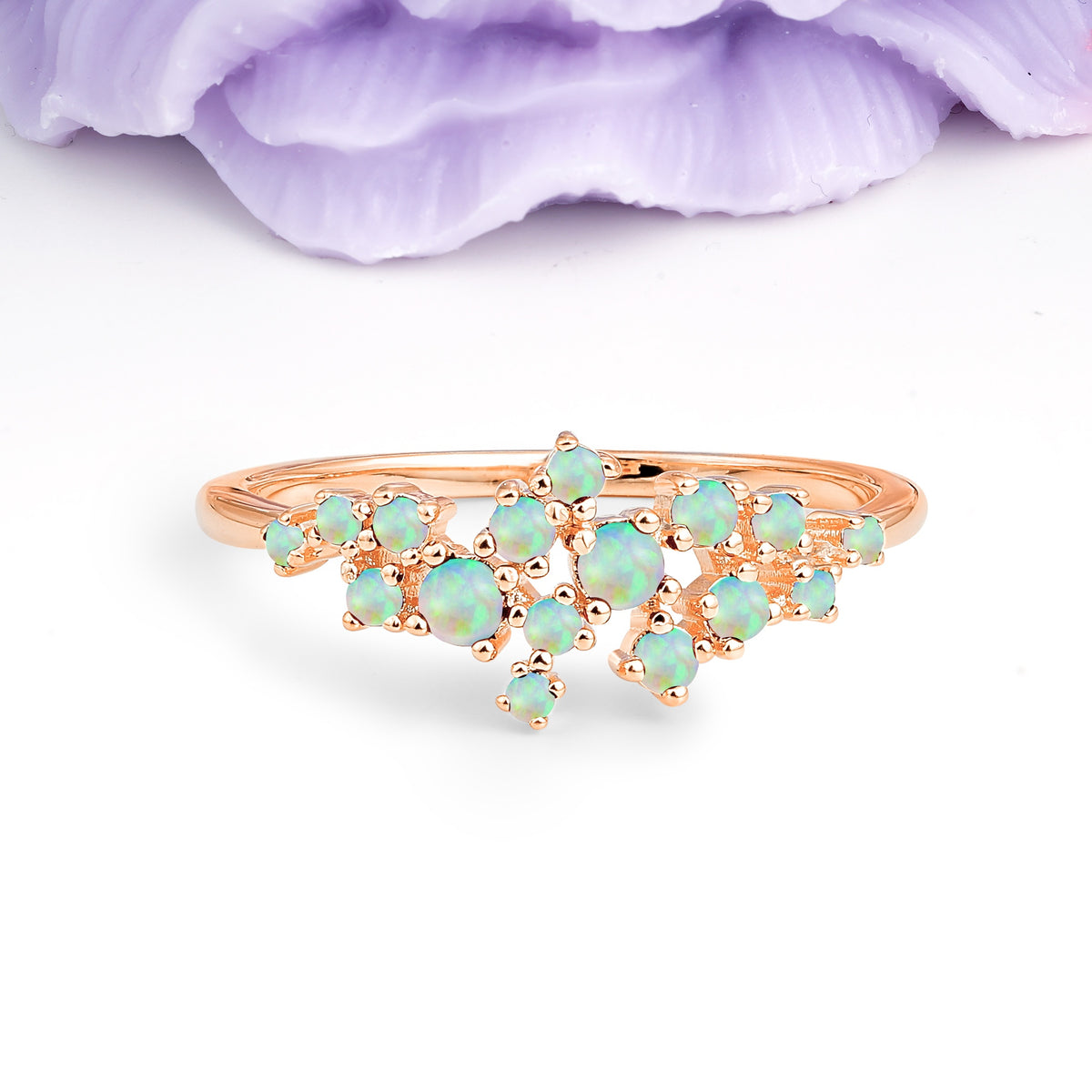 Dainty Galaxy Scattered Diamond Floral Twig Fire Opal Wedding Ring - Additional view