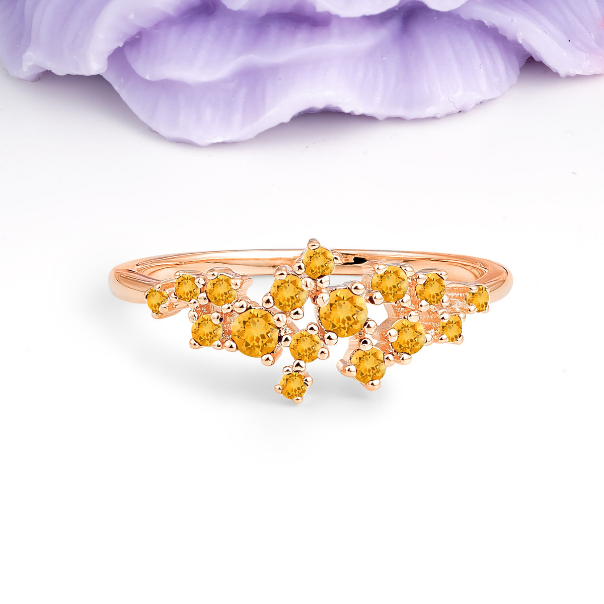 Dainty Galaxy Scattered Diamond Floral Twig Citrine Wedding Ring - Additional view