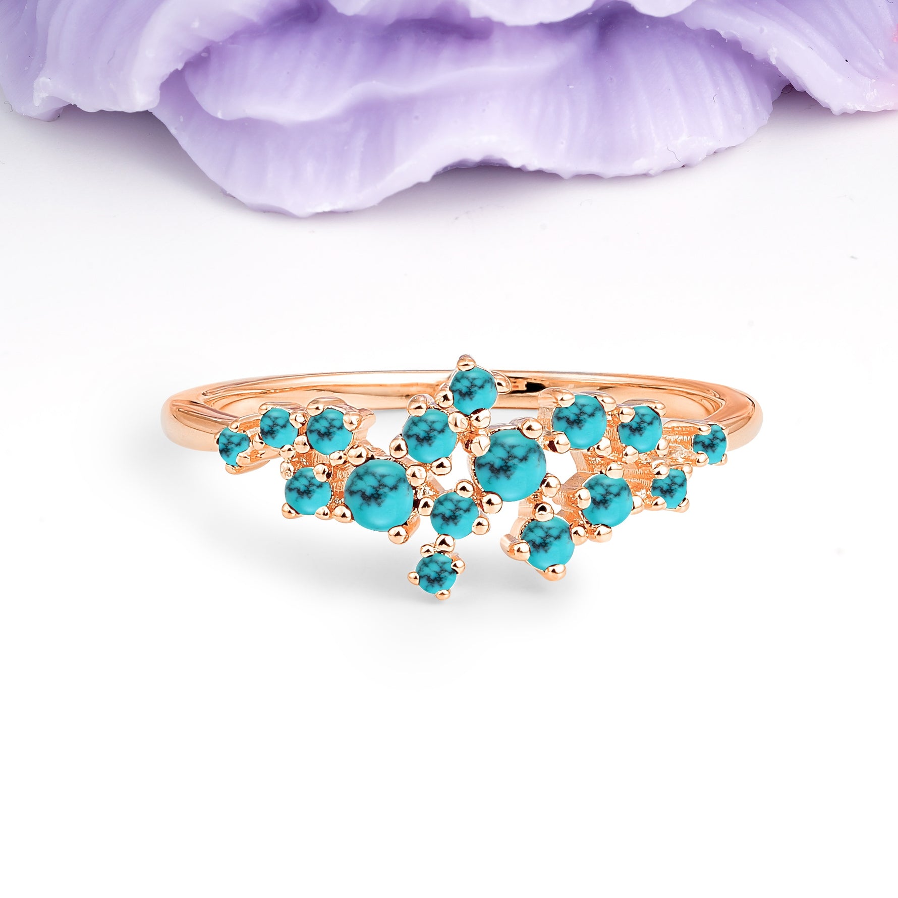 Dainty Galaxy Scattered Diamond Floral Twig Turquoise Wedding Ring - Additional view