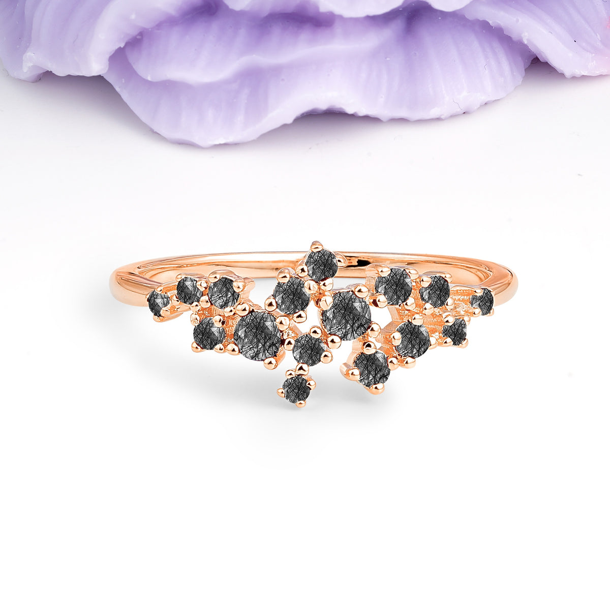 Dainty Galaxy Scattered Diamond Floral Twig Black Rutilated Quartz Wedding Ring - Additional view