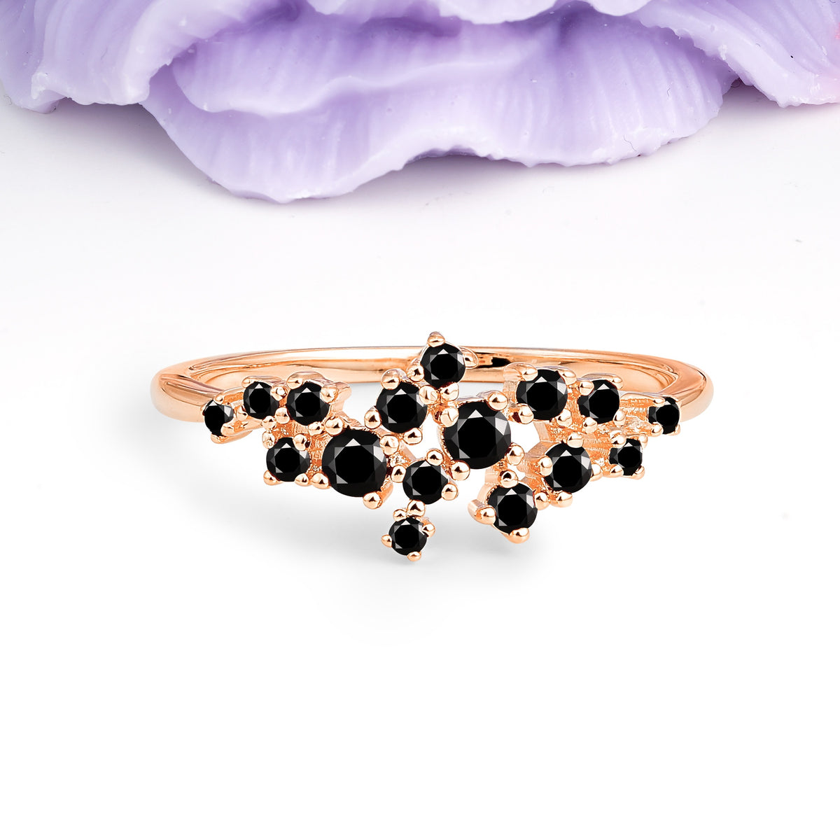 Dainty Galaxy Scattered Diamond Floral Twig Black Onyx Wedding Ring - Additional view