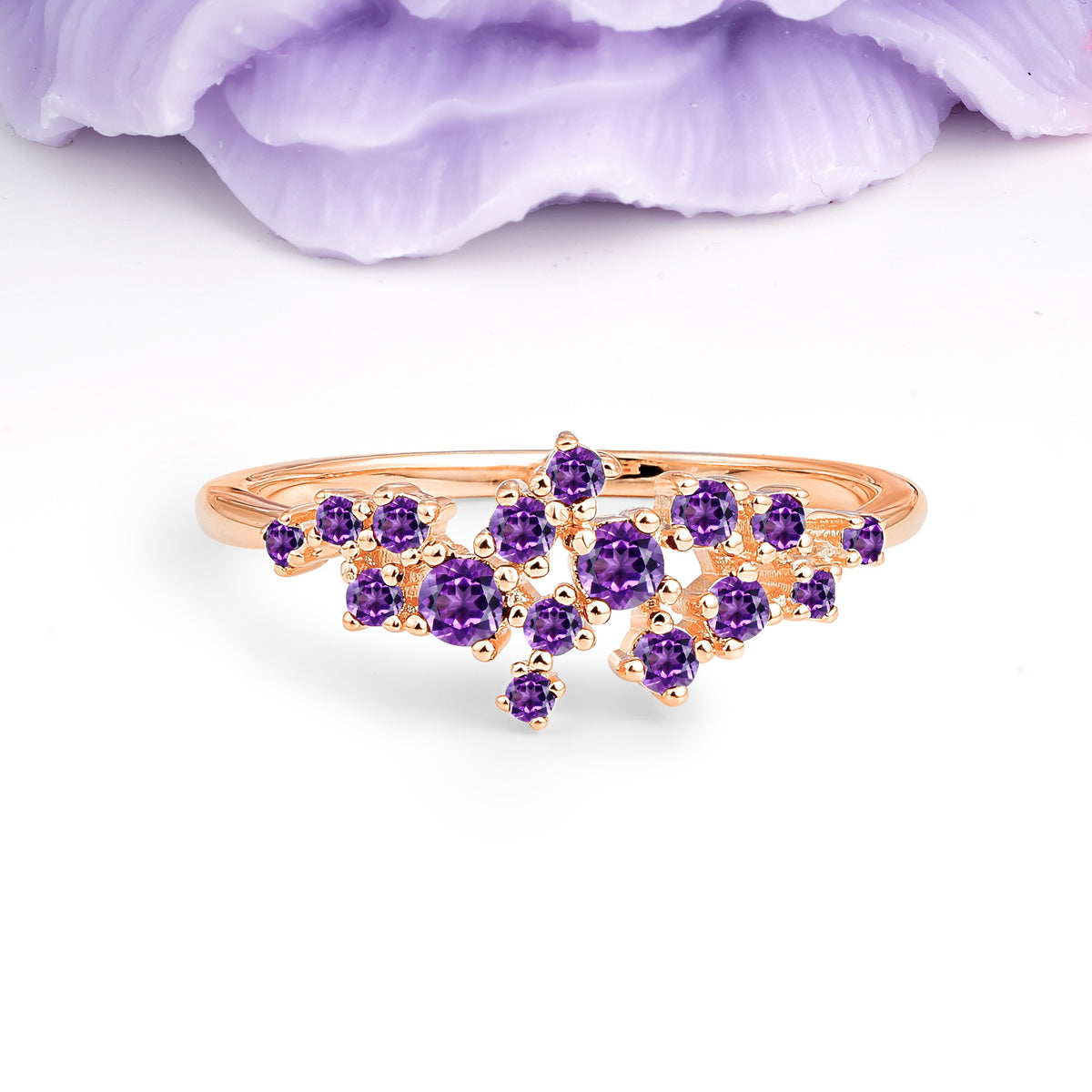 Dainty Galaxy Scattered Diamond Floral Twig Amethyst Wedding Ring - Additional view