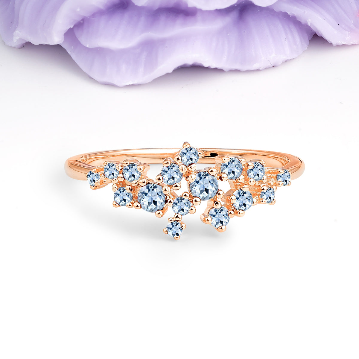 Dainty Galaxy Scattered Diamond Floral Twig Aquamarine Wedding Ring - Additional view
