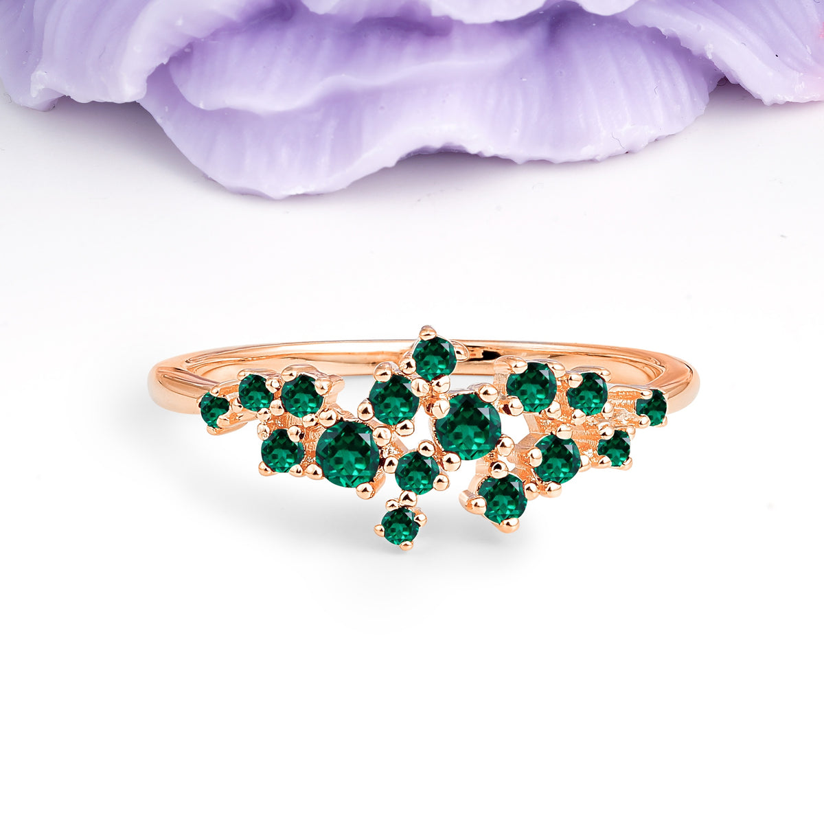 Dainty Galaxy Scattered Diamond Floral Twig Emerald Wedding Ring - Additional view