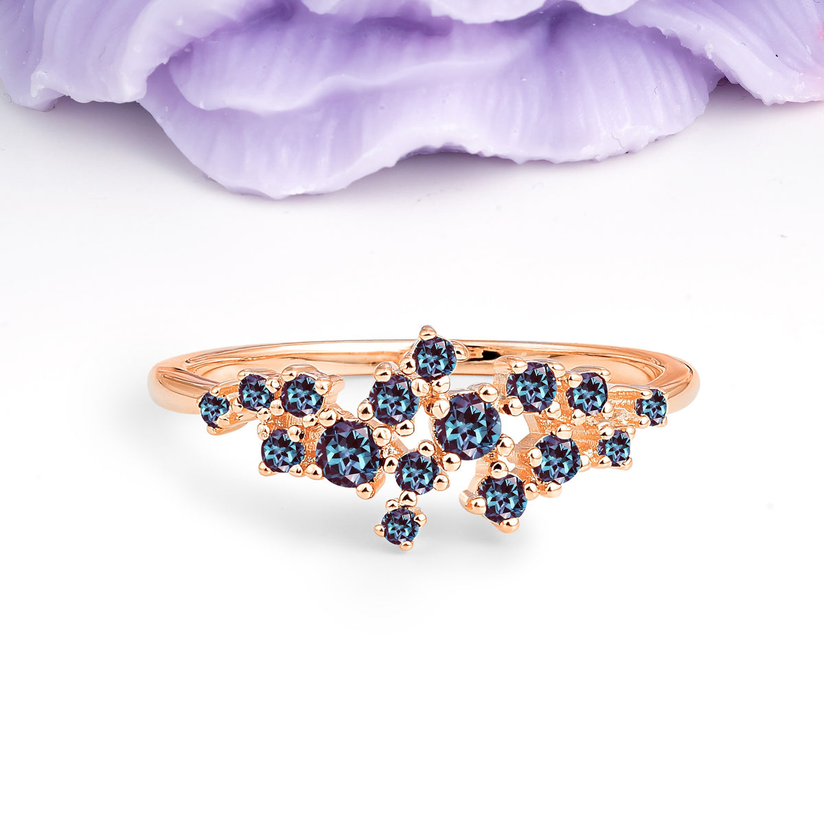 Dainty Galaxy Scattered Diamond Floral Twig Alexandrite Wedding Ring - Additional view