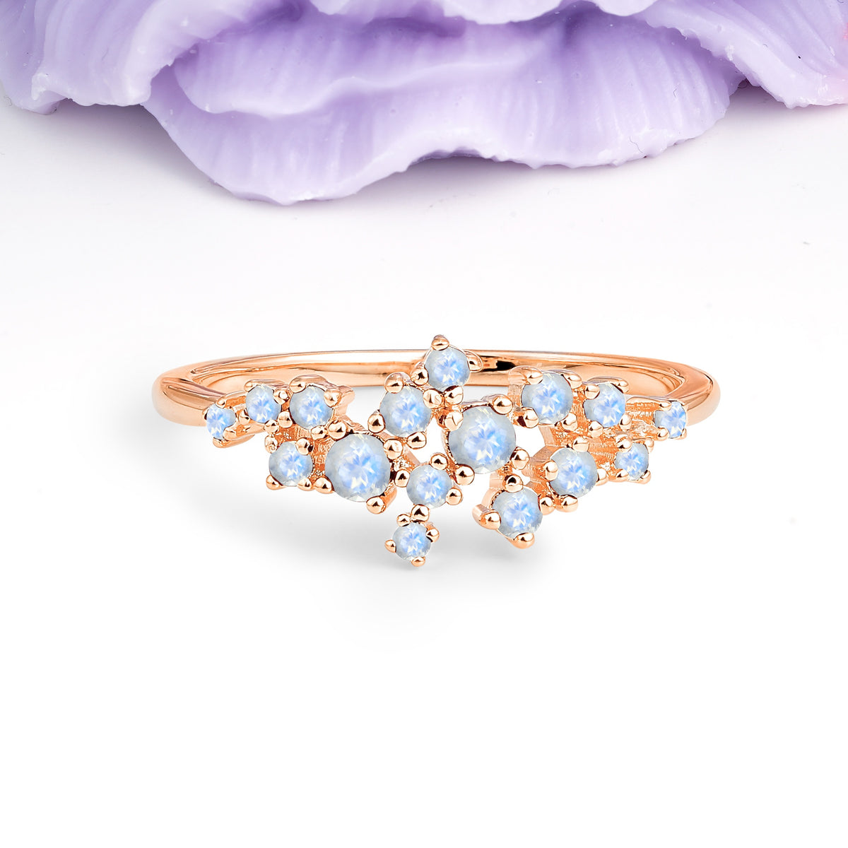 Dainty Galaxy Scattered Diamond Floral Twig Moonstone Wedding Ring - Additional view
