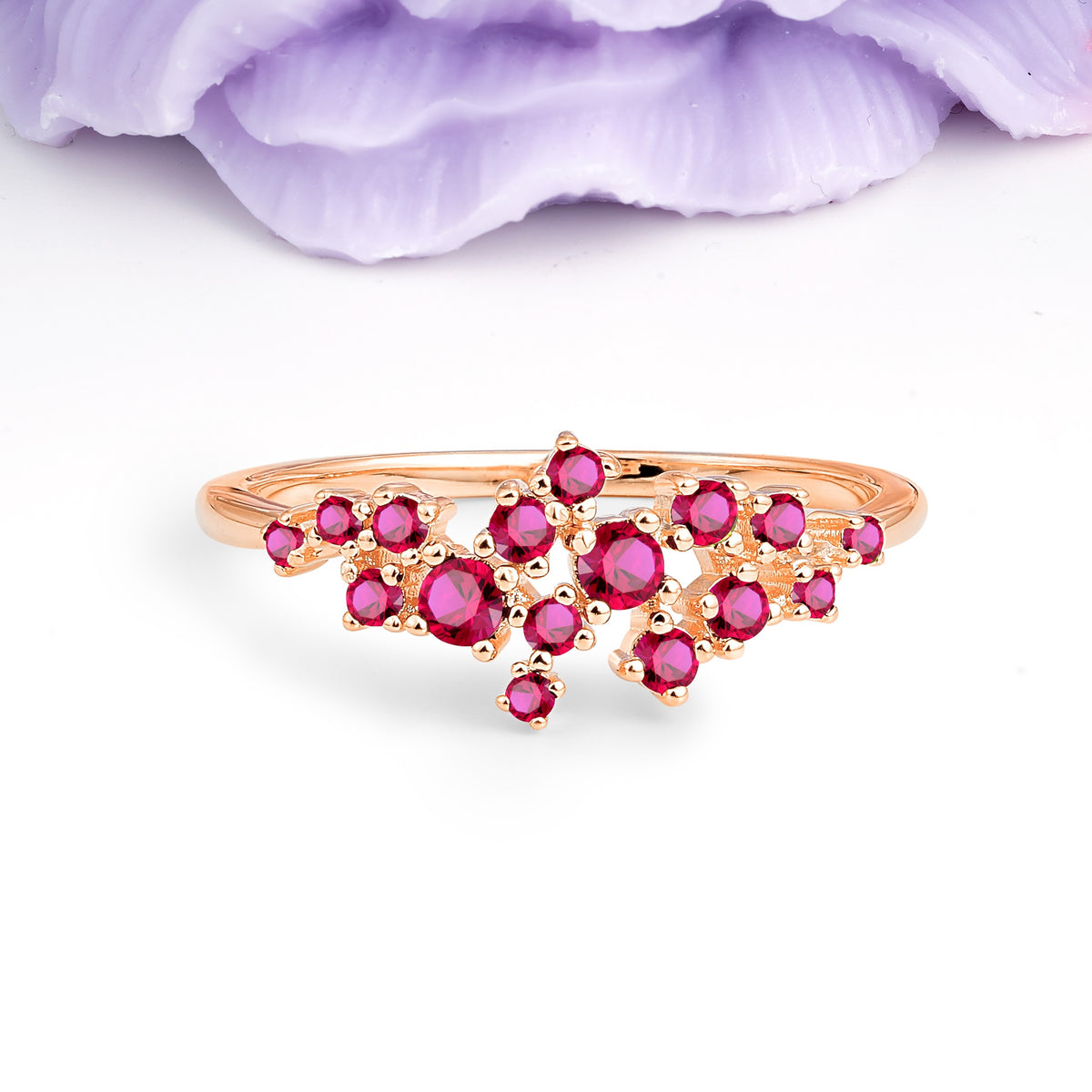 Dainty Galaxy Scattered Diamond Floral Twig Ruby Wedding Ring - Additional view