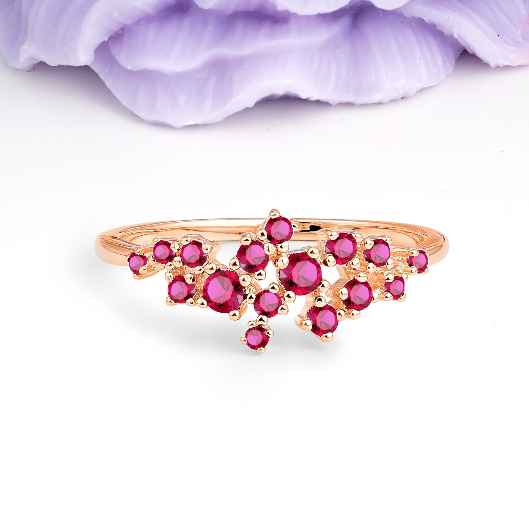 Dainty Galaxy Scattered Diamond Floral Twig Ruby Wedding Ring - Additional view