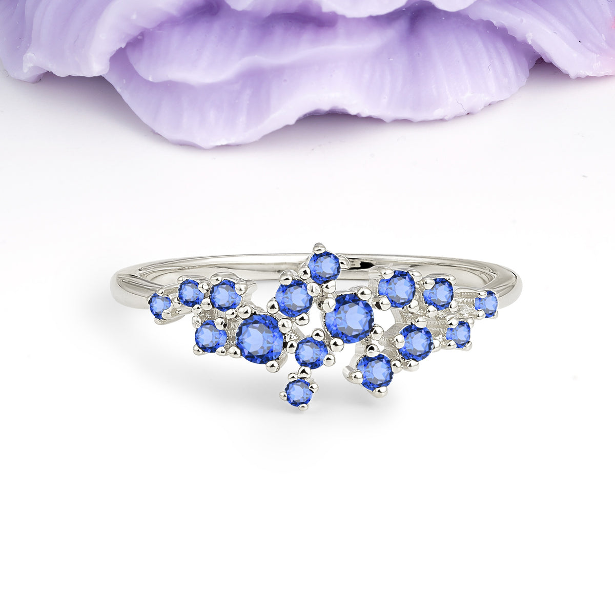 Dainty Galaxy Scattered Diamond Floral Twig Sapphire Wedding Ring - Additional view