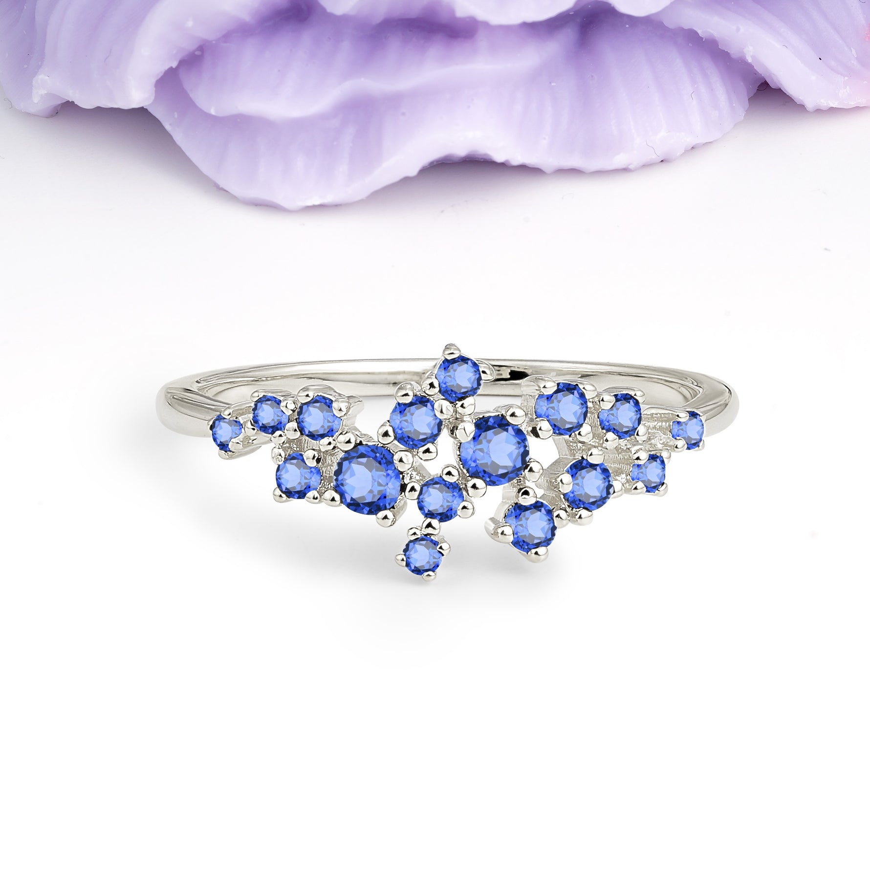 Dainty Galaxy Scattered Diamond Floral Twig Sapphire Wedding Ring - Additional view