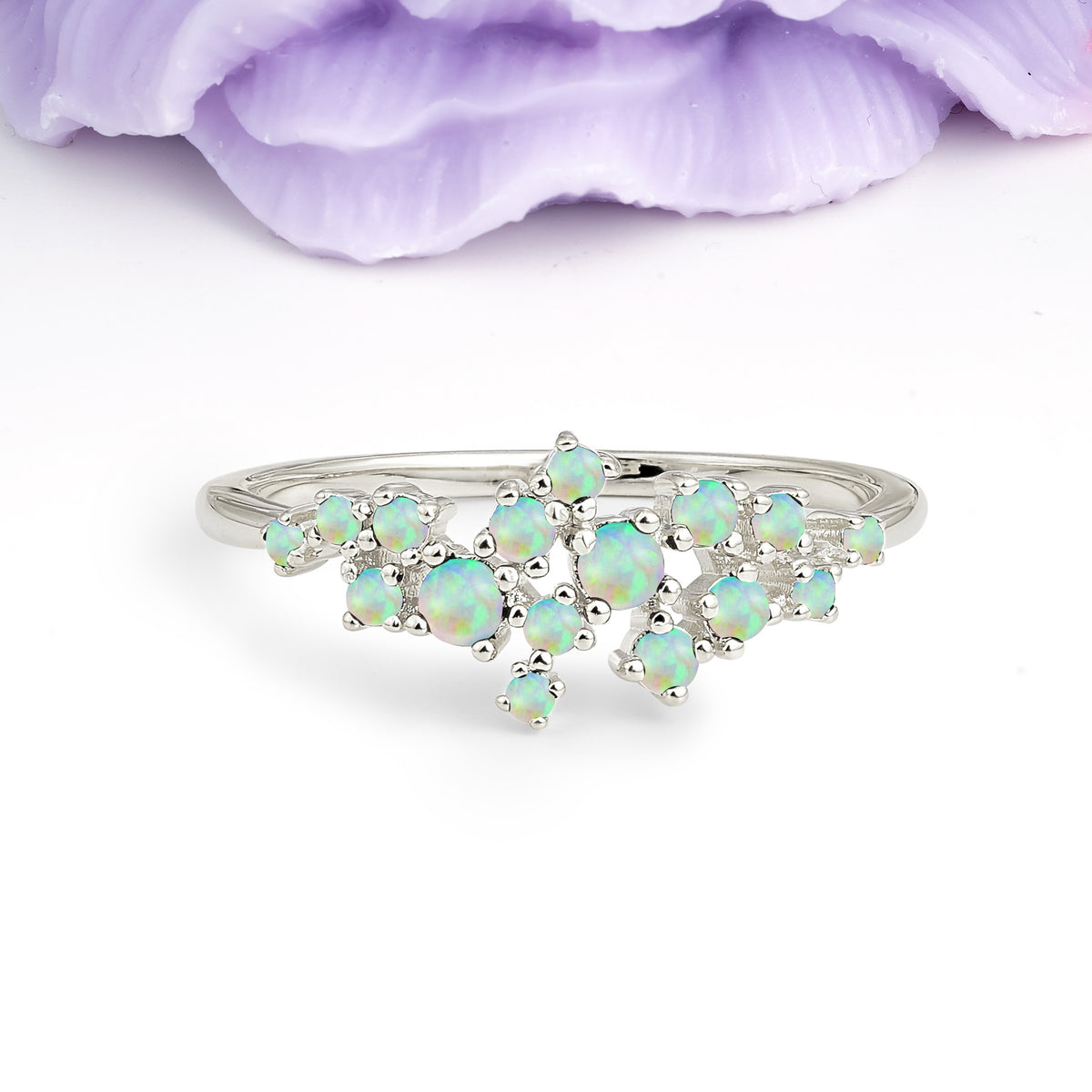 Dainty Galaxy Scattered Diamond Floral Twig Fire Opal Wedding Ring - Additional view