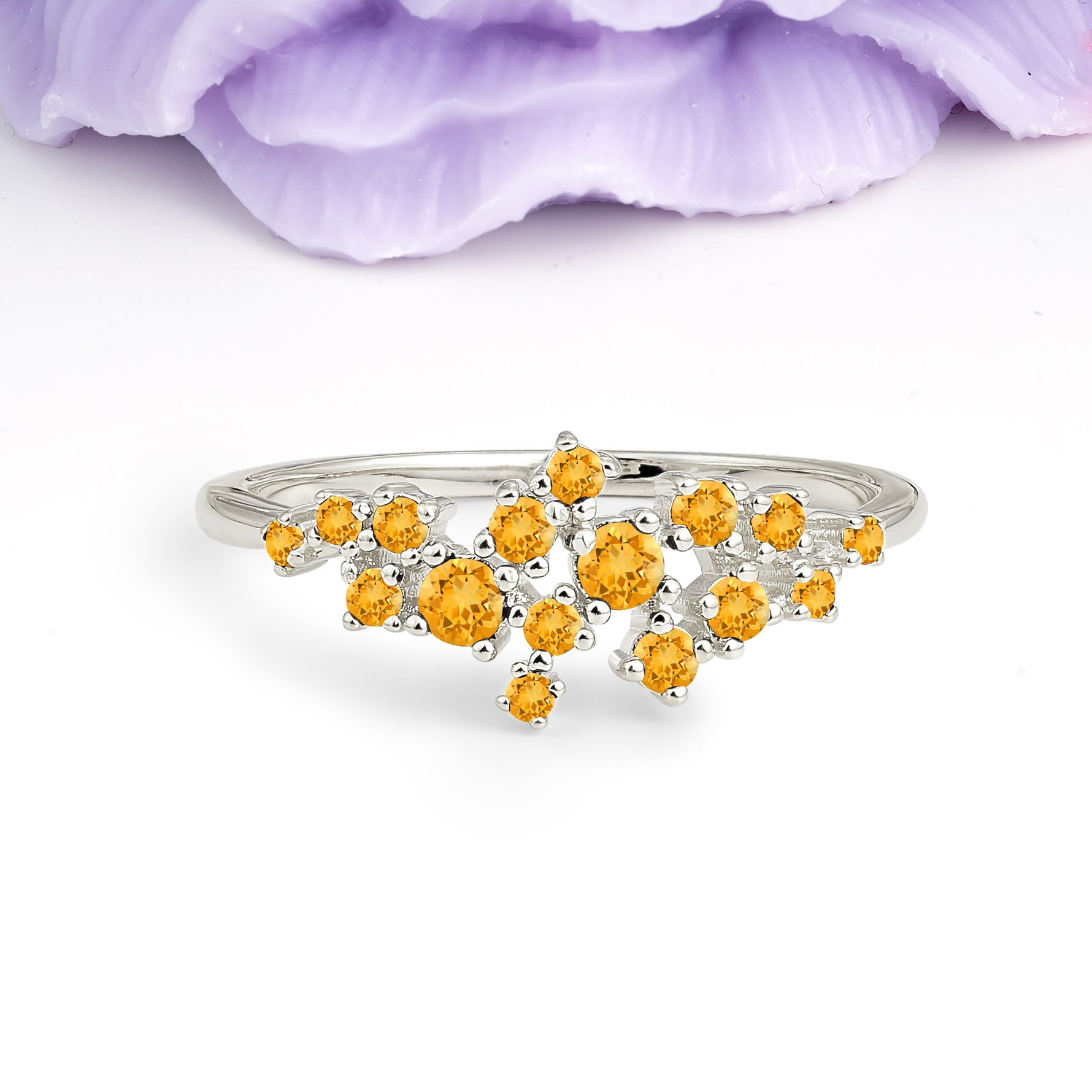 Dainty Galaxy Scattered Diamond Floral Twig Citrine Wedding Ring - Additional view