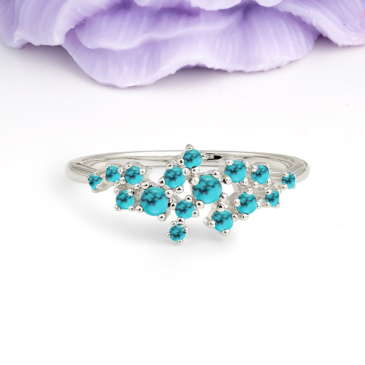 Dainty Galaxy Scattered Diamond Floral Twig Turquoise Wedding Ring - Additional view