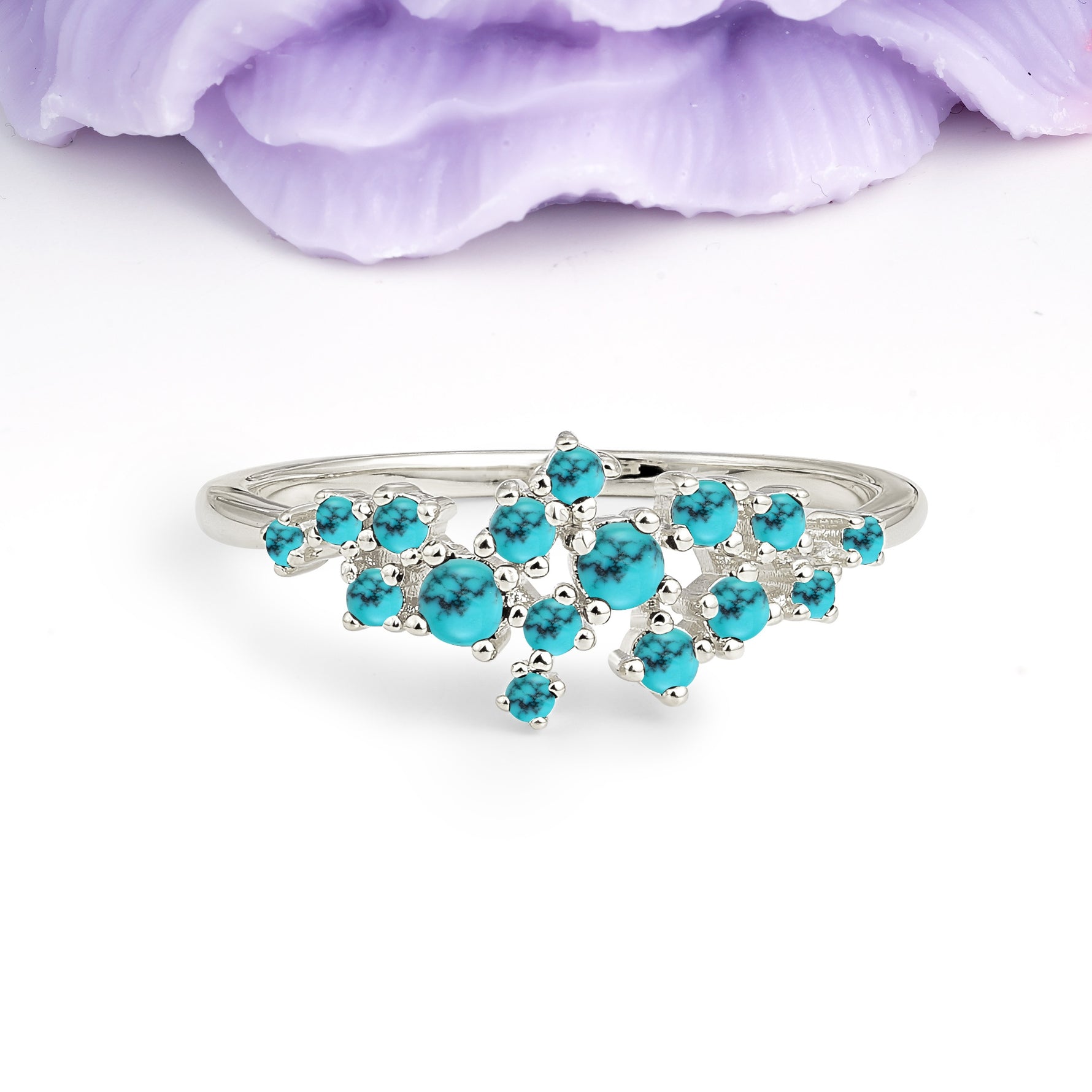 Dainty Galaxy Scattered Diamond Floral Twig Turquoise Wedding Ring - Additional view