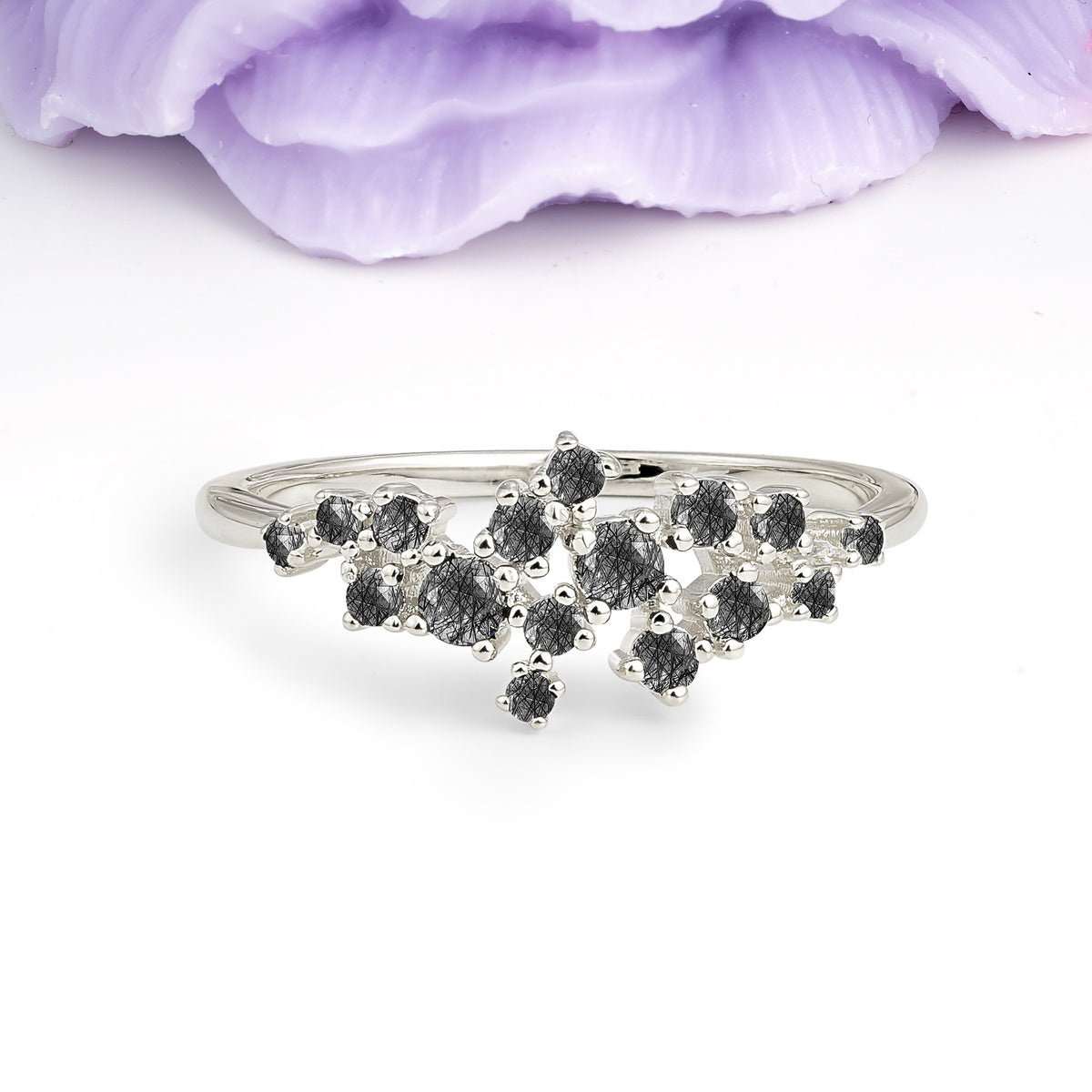 Dainty Galaxy Scattered Diamond Floral Twig Black Rutilated Quartz Wedding Ring - Additional view