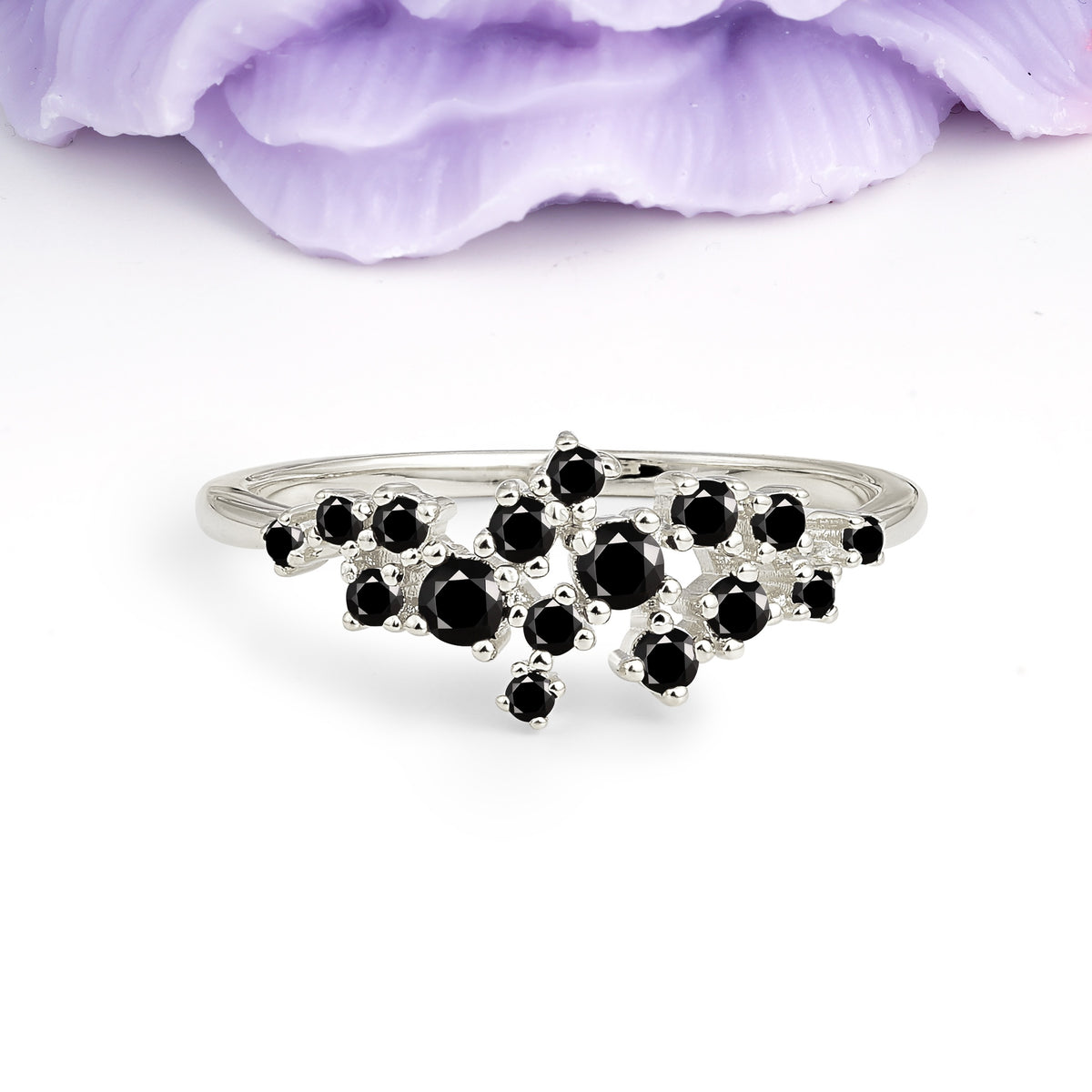 Dainty Galaxy Scattered Diamond Floral Twig Black Onyx Wedding Ring - Additional view