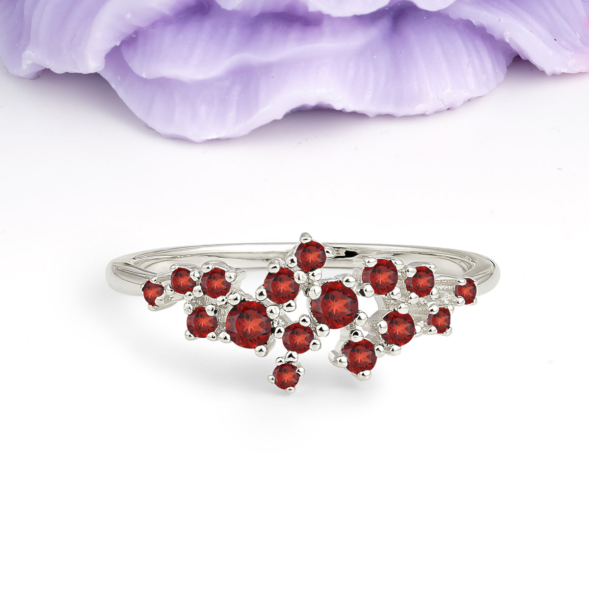 Dainty Galaxy Scattered Diamond Floral Twig Garnet Wedding Ring - Additional view