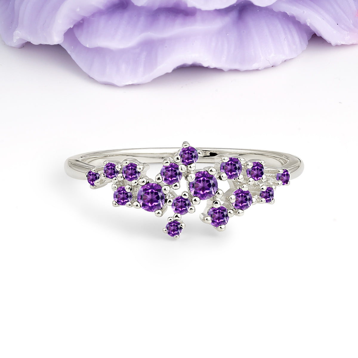 Dainty Galaxy Scattered Diamond Floral Twig Amethyst Wedding Ring - Additional view
