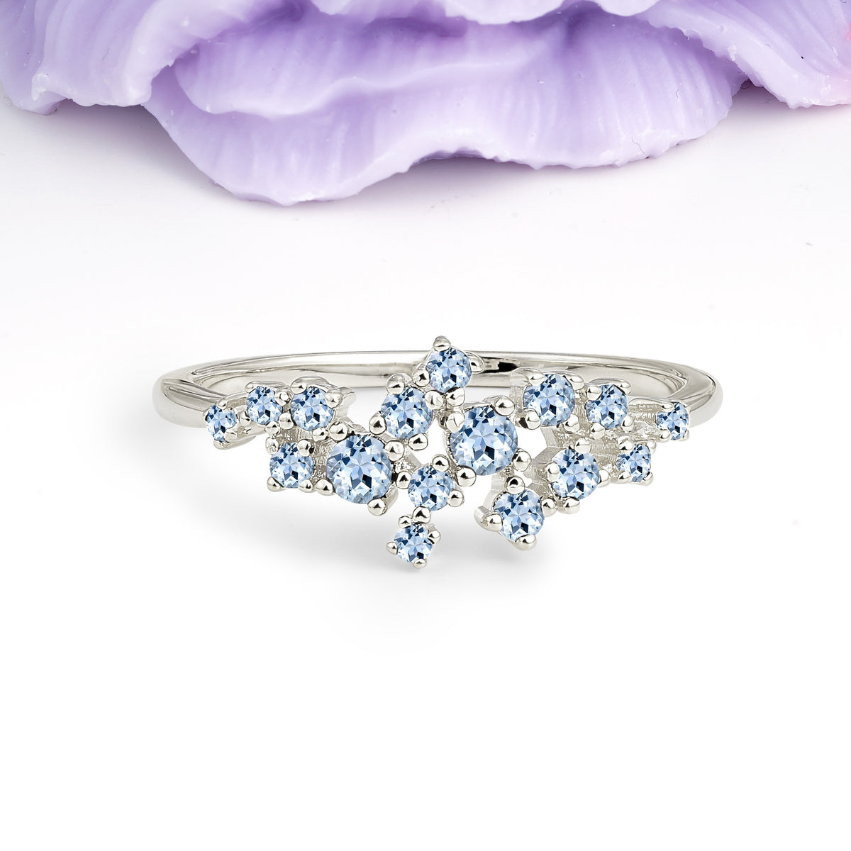 Dainty Galaxy Scattered Diamond Floral Twig Aquamarine Wedding Ring - Additional view