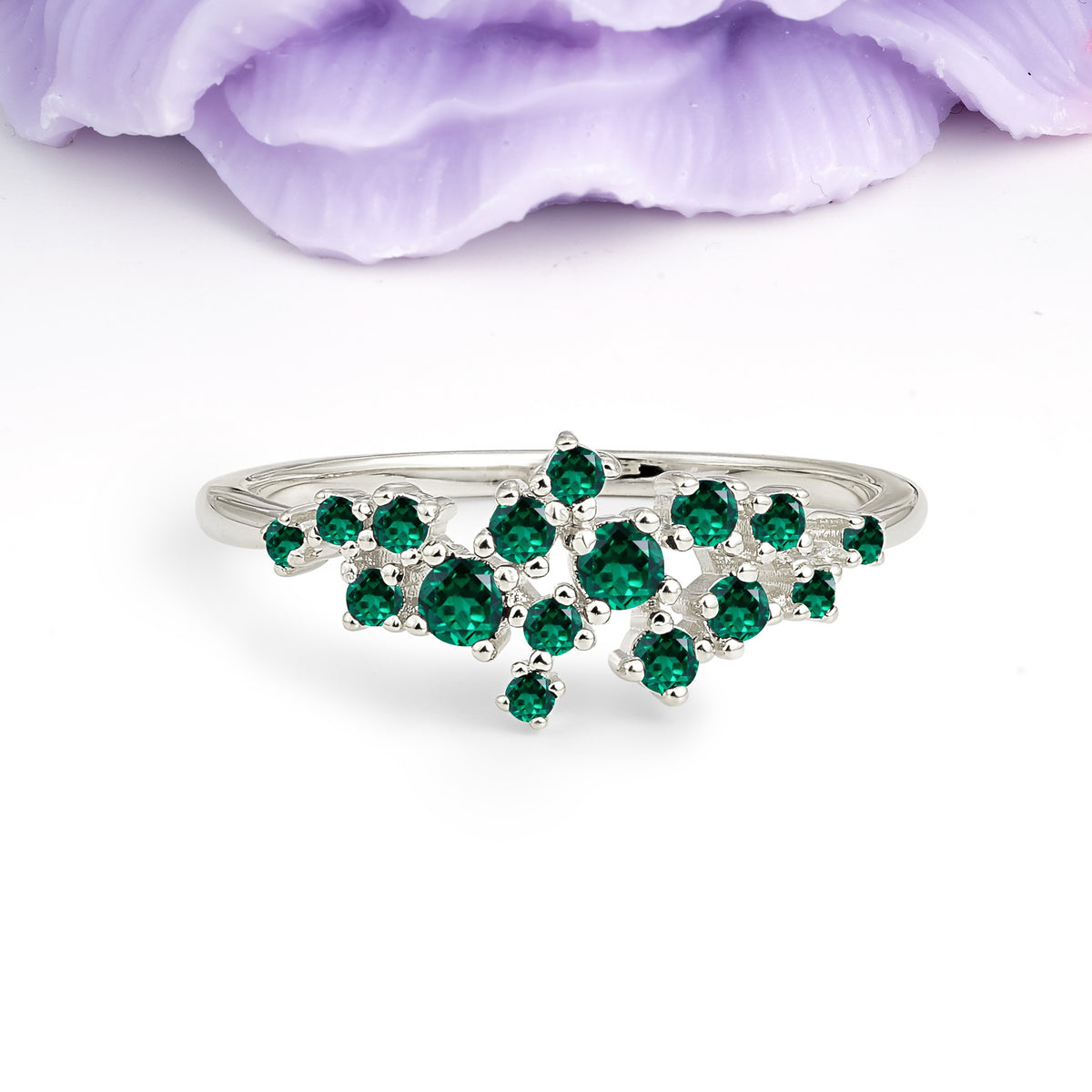 Dainty Galaxy Scattered Diamond Floral Twig Emerald Wedding Ring - Additional view