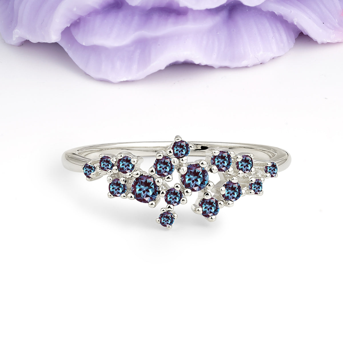 Dainty Galaxy Scattered Diamond Floral Twig Alexandrite Wedding Ring - Additional view
