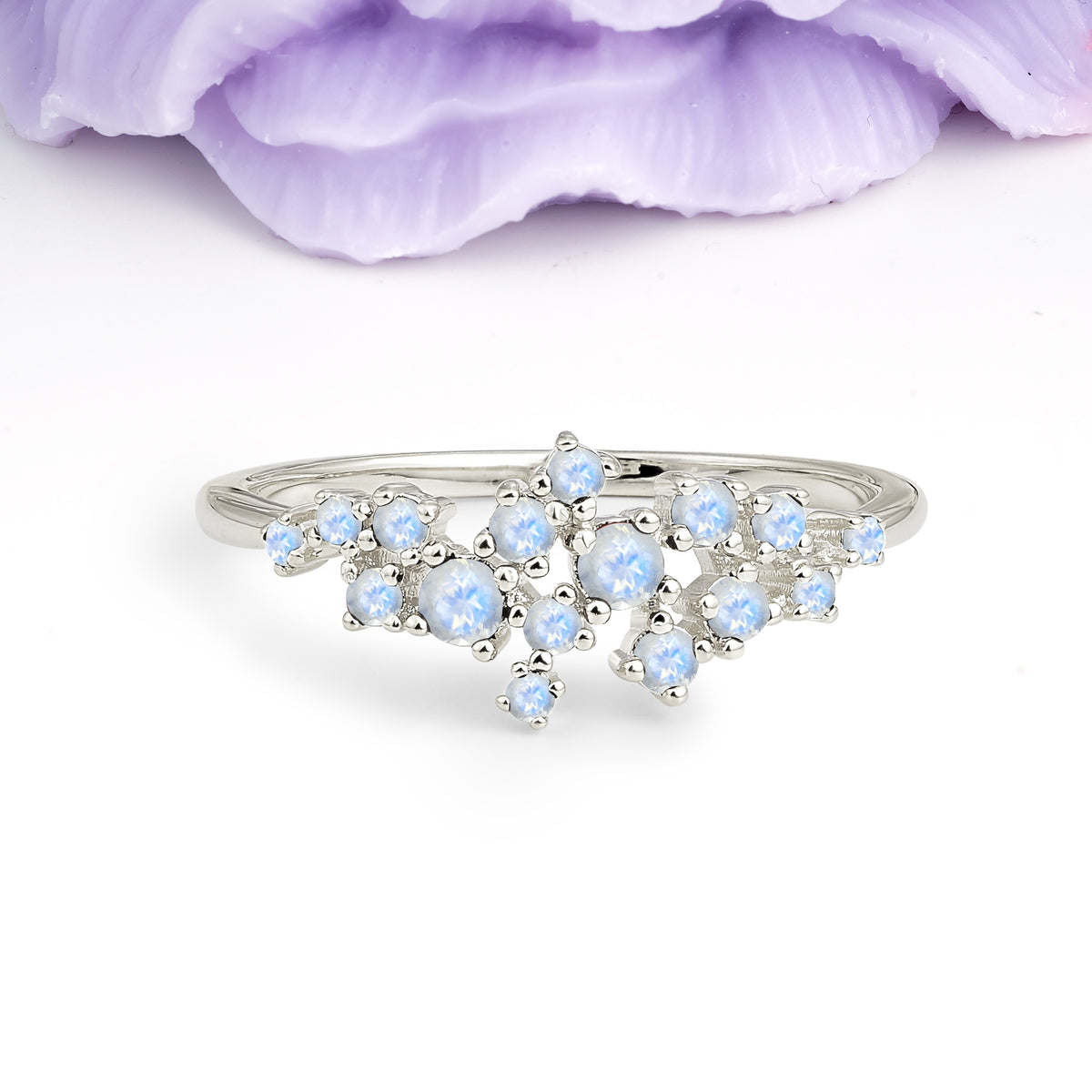 Dainty Galaxy Scattered Diamond Floral Twig Moonstone Wedding Ring - Additional view