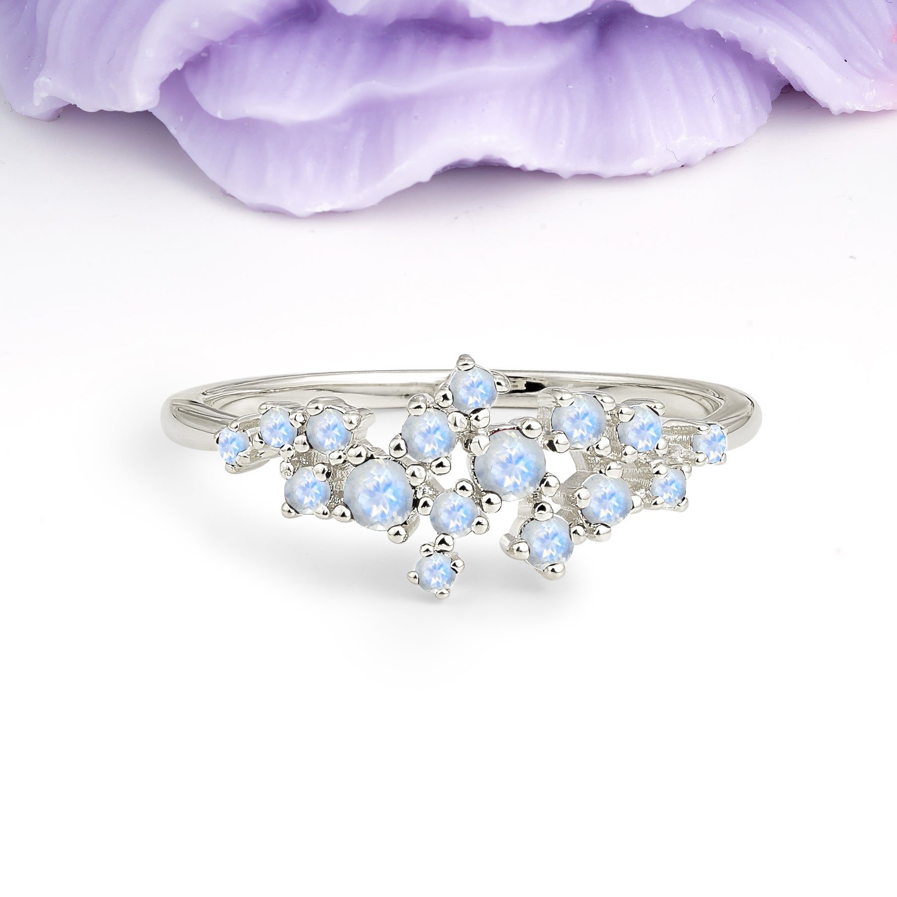 Dainty Galaxy Scattered Diamond Floral Twig Moonstone Wedding Ring - Additional view