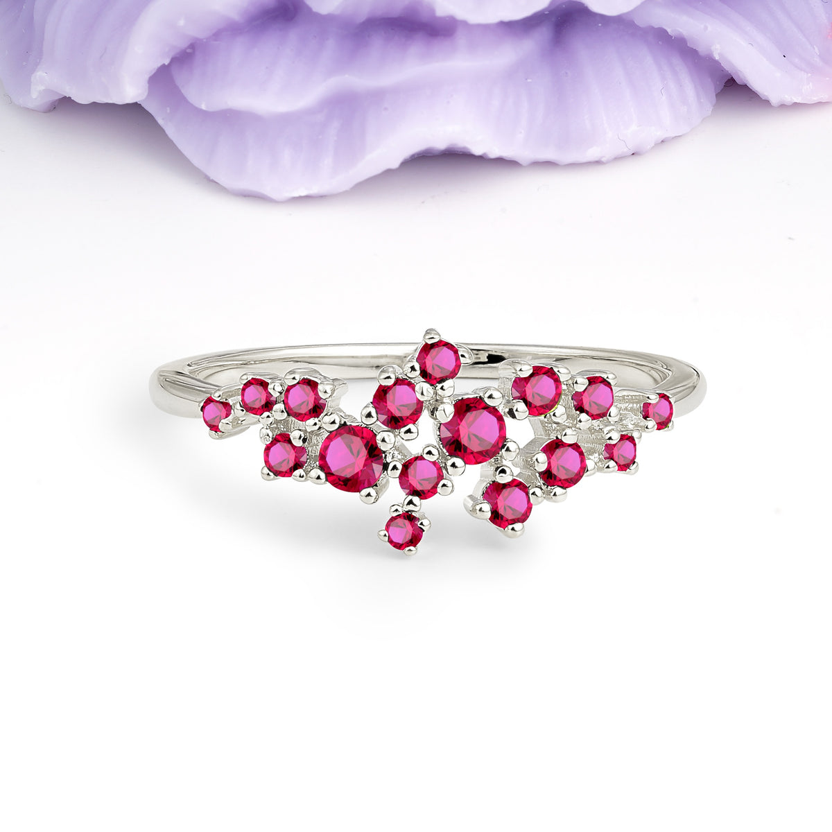 Dainty Galaxy Scattered Diamond Floral Twig Ruby Wedding Ring - Additional view