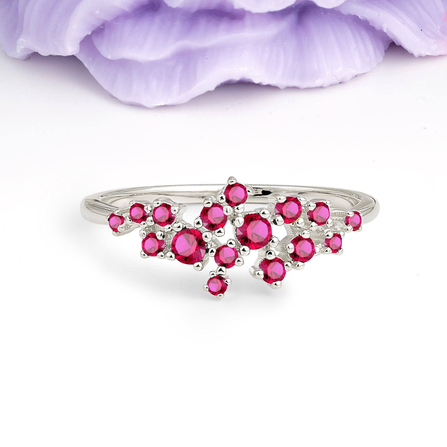 Dainty Galaxy Scattered Diamond Floral Twig Ruby Wedding Ring - Additional view