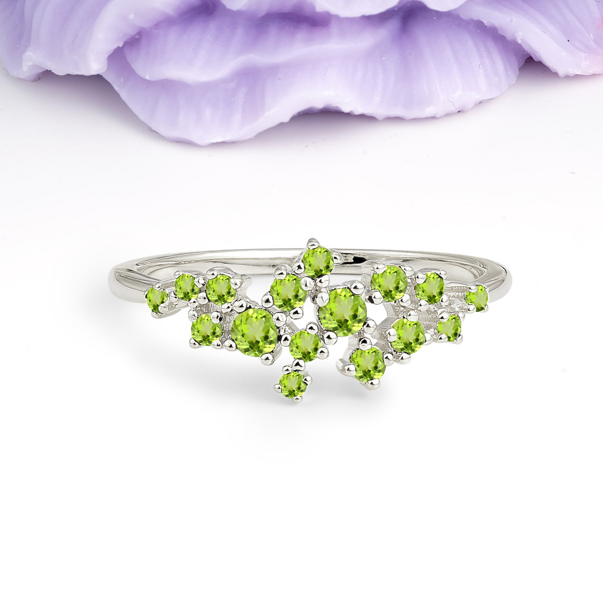 Dainty Galaxy Scattered Diamond Floral Twig Peridot Wedding Ring - Additional view