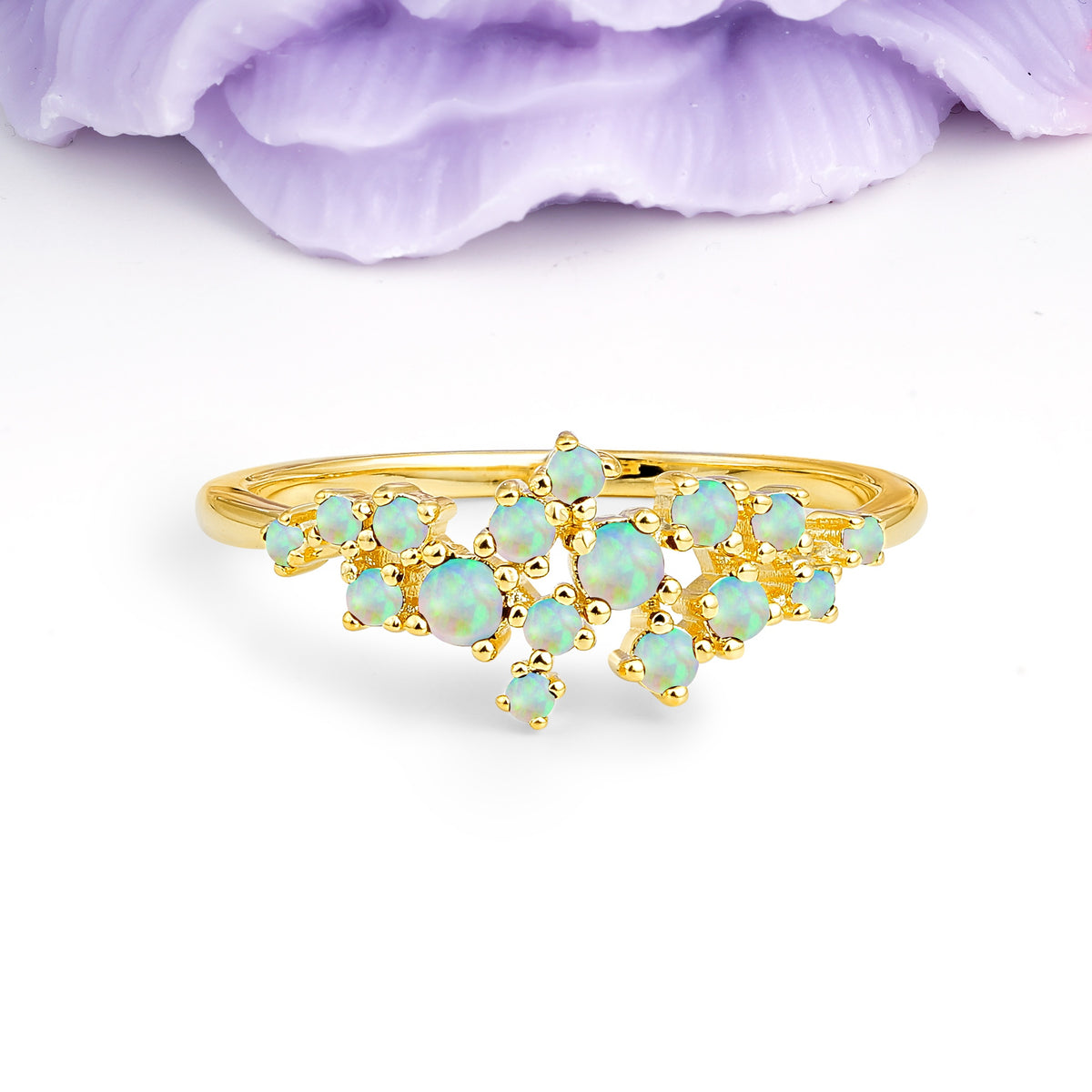 Dainty Galaxy Scattered Diamond Floral Twig Fire Opal Wedding Ring - Additional view