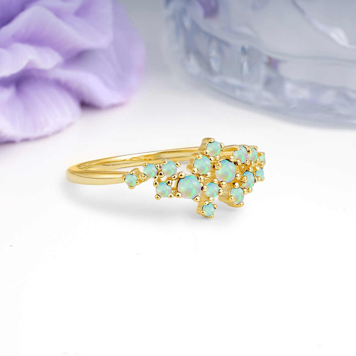 Dainty Galaxy Scattered Diamond Floral Twig Fire Opal Wedding Ring - Additional view