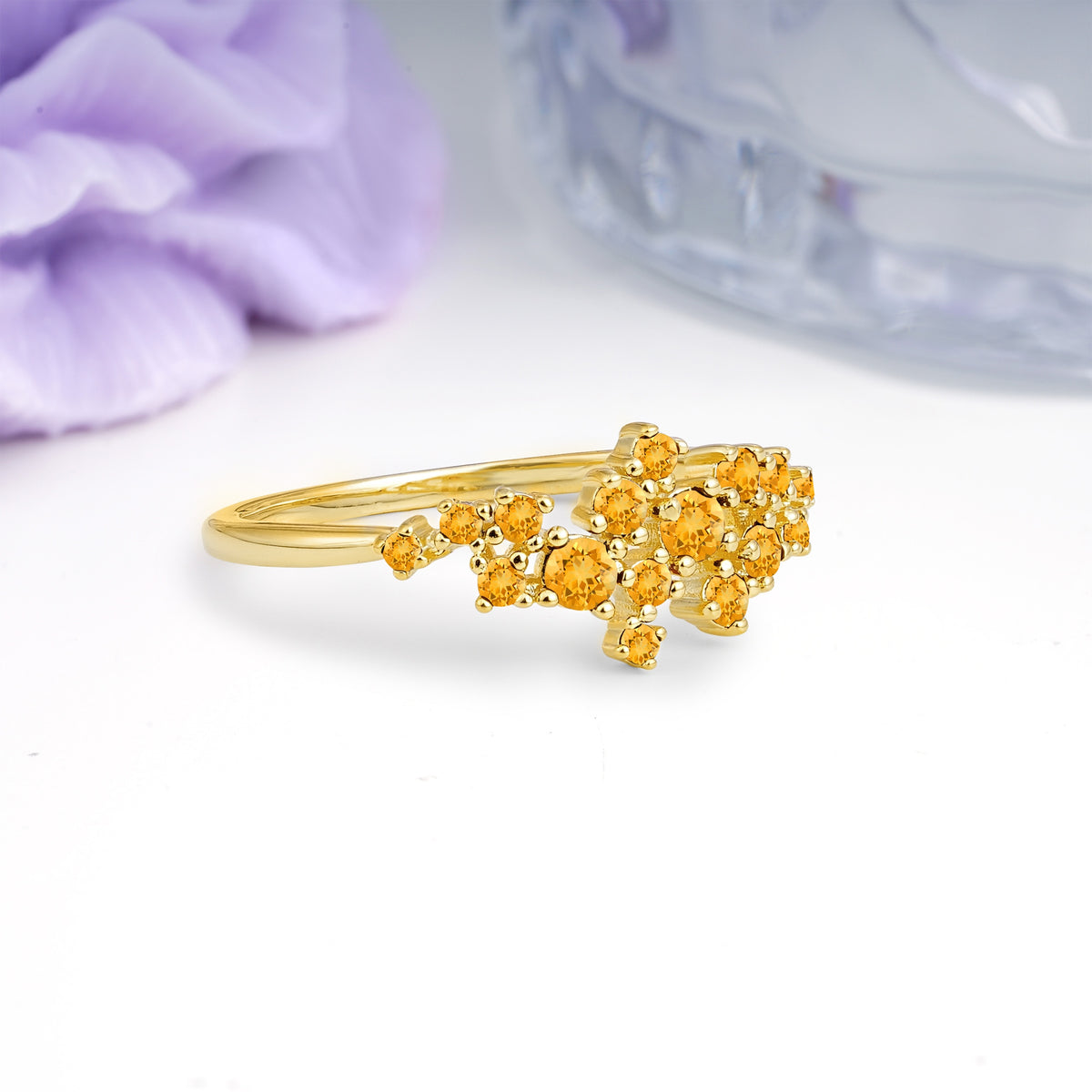 Dainty Galaxy Scattered Diamond Floral Twig Citrine Wedding Ring - Additional view