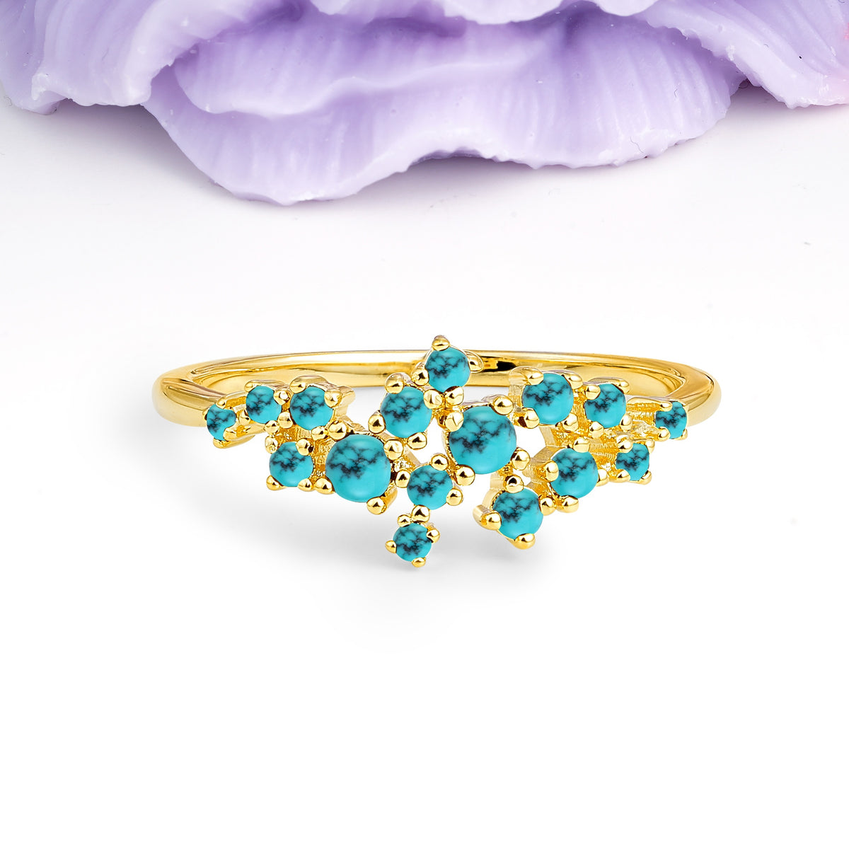 Dainty Galaxy Scattered Diamond Floral Twig Turquoise Wedding Ring - Additional view