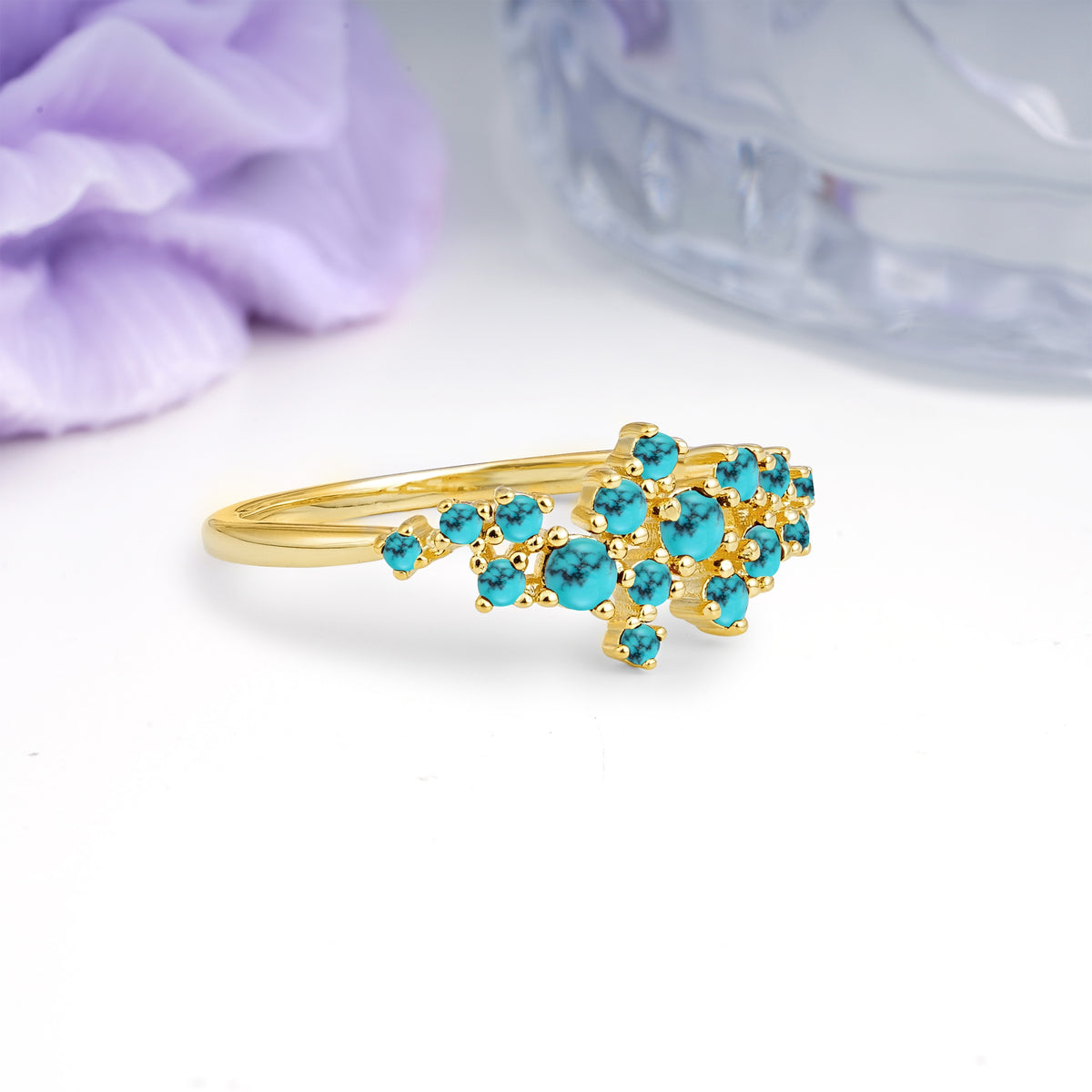 Dainty Galaxy Scattered Diamond Floral Twig Turquoise Wedding Ring - Additional view