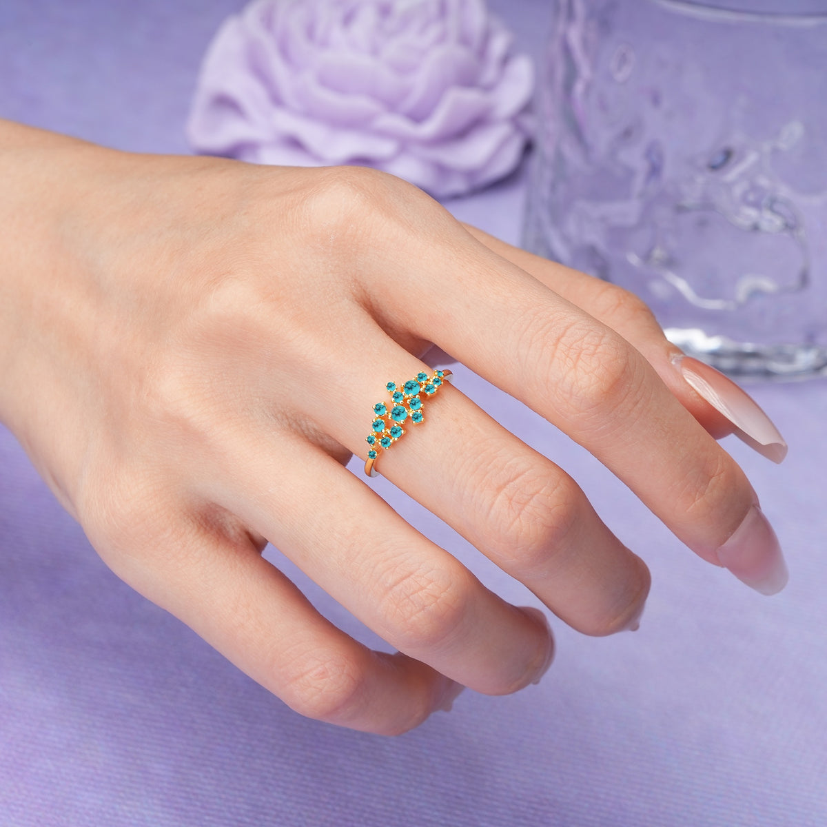 Dainty Galaxy Scattered Diamond Floral Twig Turquoise Wedding Ring - Additional view