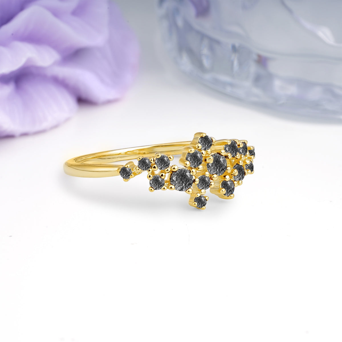 Dainty Galaxy Scattered Diamond Floral Twig Black Rutilated Quartz Wedding Ring - Additional view