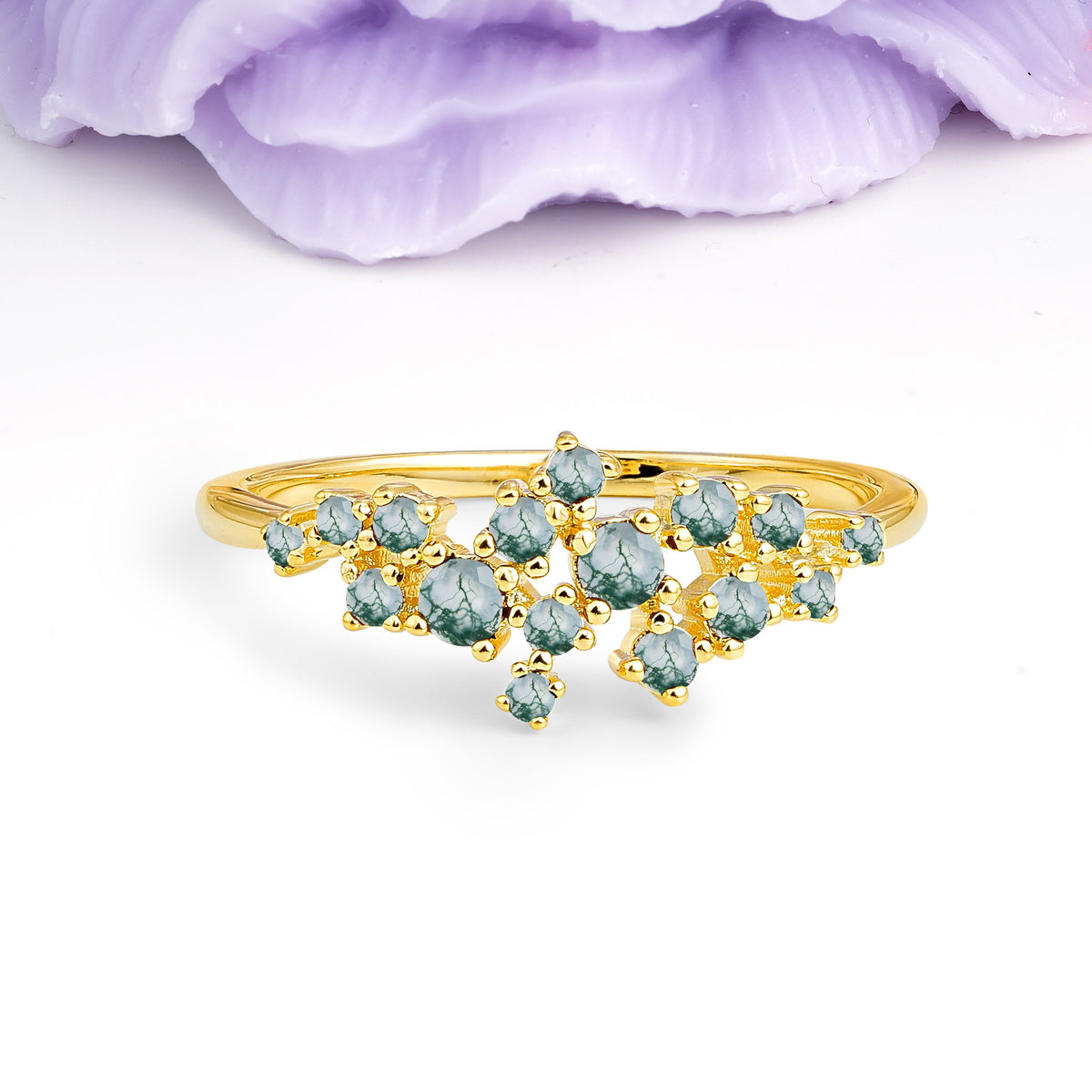 Dainty Galaxy Scattered Diamond Floral Twig Moss Agate Wedding Ring - Additional view