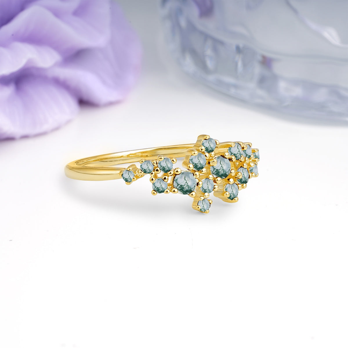 Dainty Galaxy Scattered Diamond Floral Twig Moss Agate Wedding Ring - Additional view