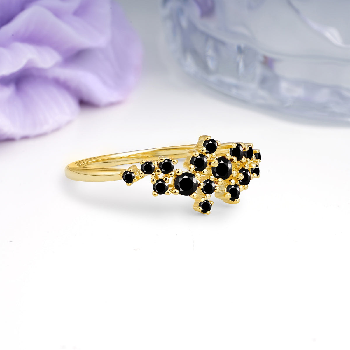 Dainty Galaxy Scattered Diamond Floral Twig Black Onyx Wedding Ring - Additional view