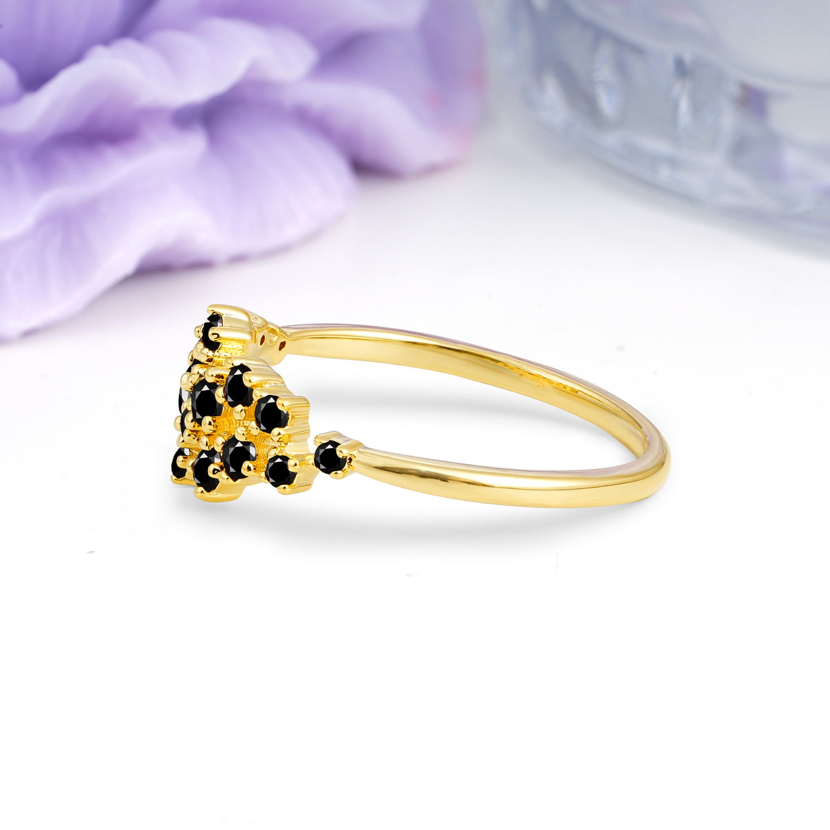 Dainty Galaxy Scattered Diamond Floral Twig Black Onyx Wedding Ring - Additional view