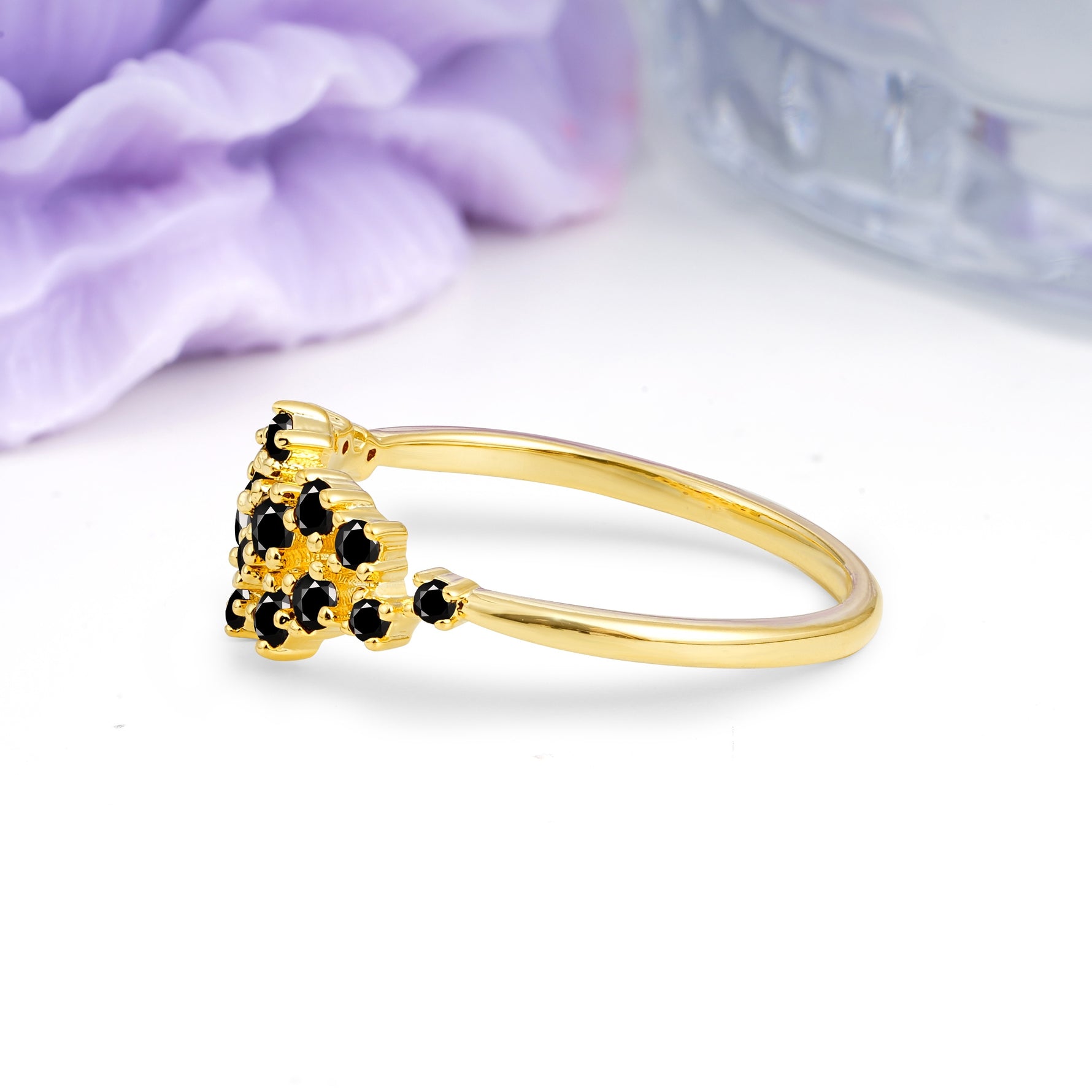 Dainty Galaxy Scattered Diamond Floral Twig Black Onyx Wedding Ring - Additional view