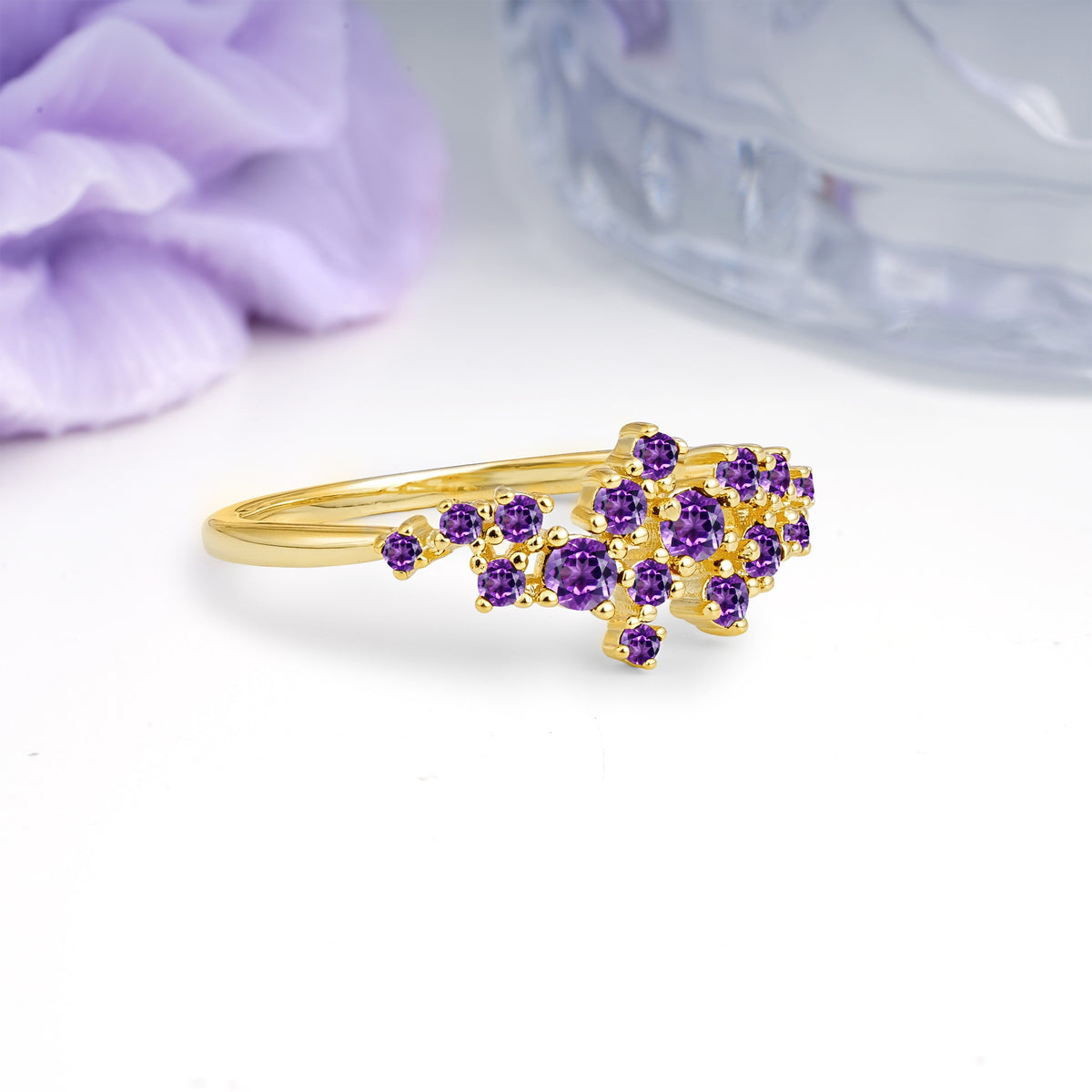 Dainty Galaxy Scattered Diamond Floral Twig Amethyst Wedding Ring - Additional view