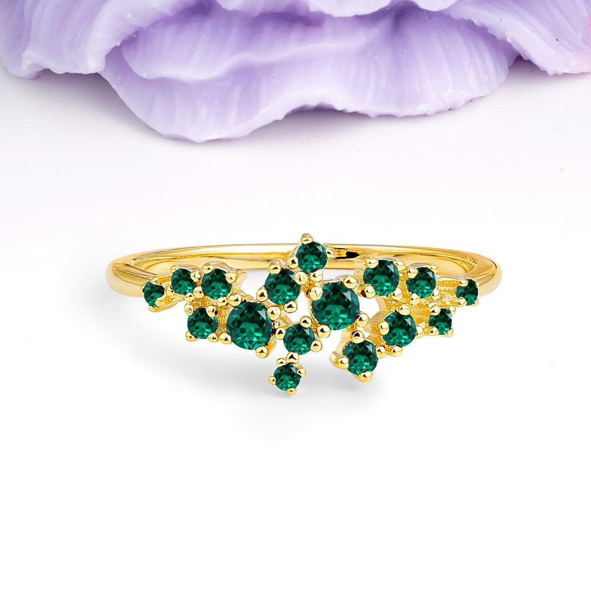 Dainty Galaxy Scattered Diamond Floral Twig Emerald Wedding Ring - Additional view