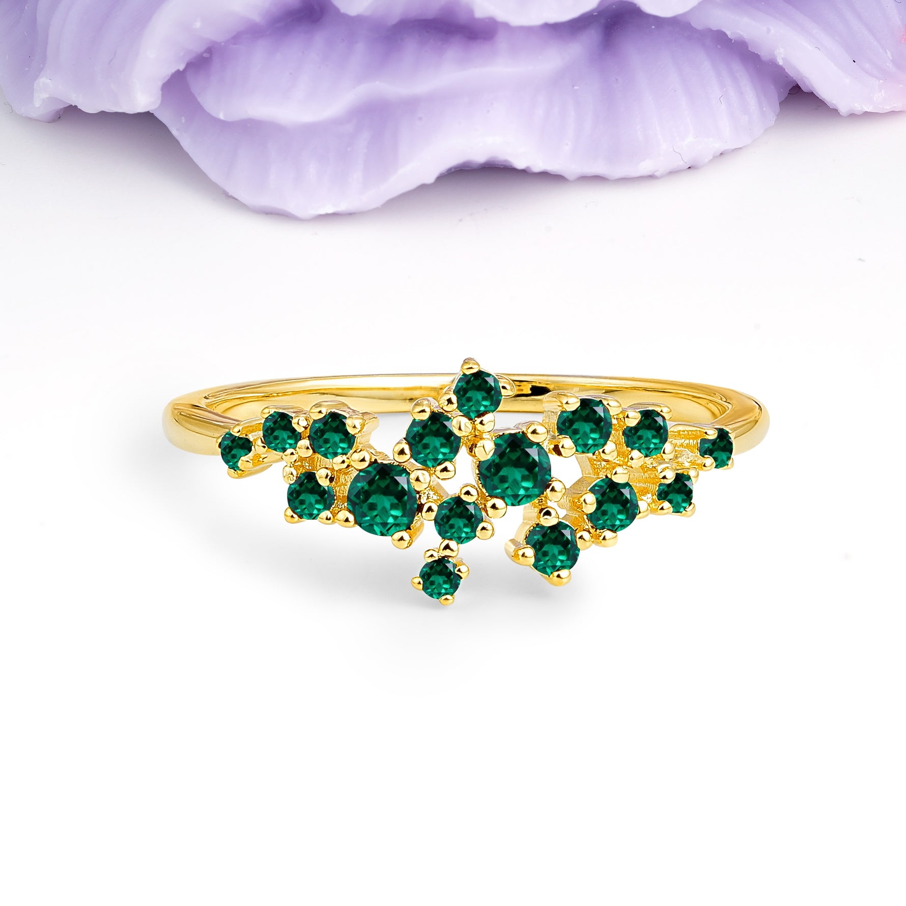Dainty Galaxy Scattered Diamond Floral Twig Emerald Wedding Ring - Additional view