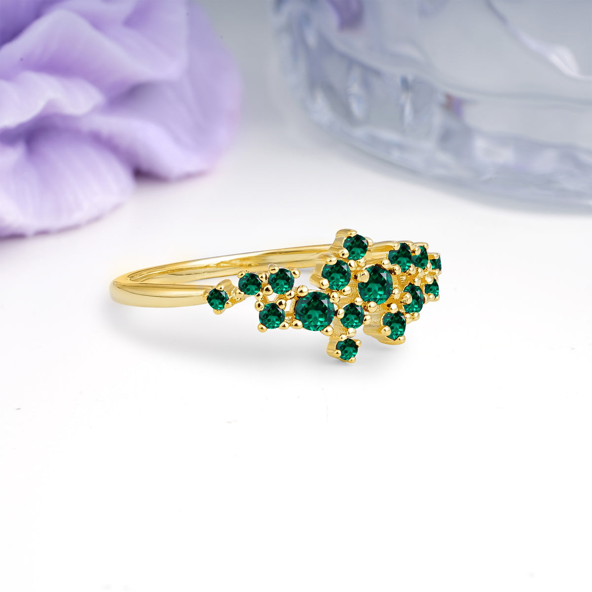 Dainty Galaxy Scattered Diamond Floral Twig Emerald Wedding Ring - Additional view