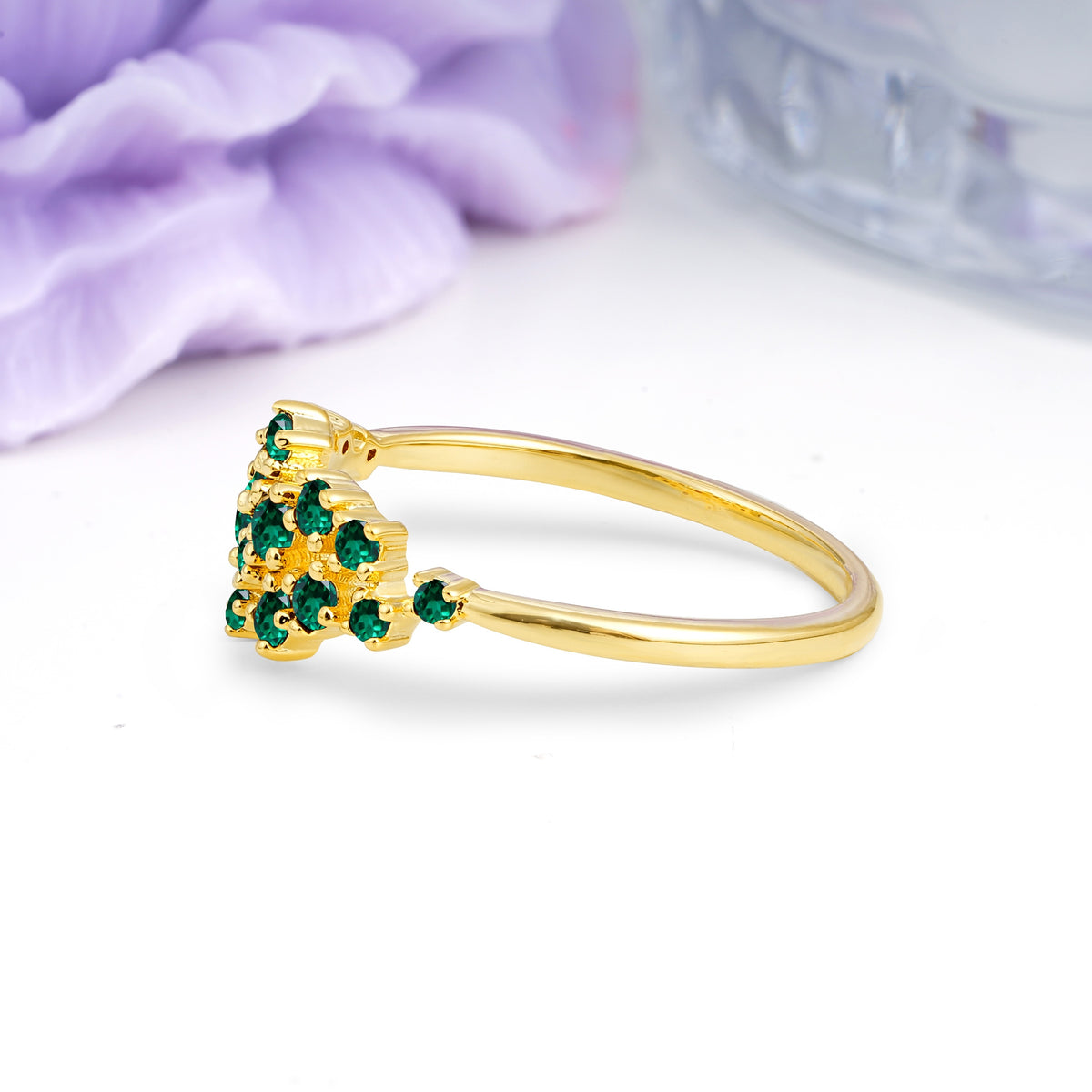Dainty Galaxy Scattered Diamond Floral Twig Emerald Wedding Ring - Additional view